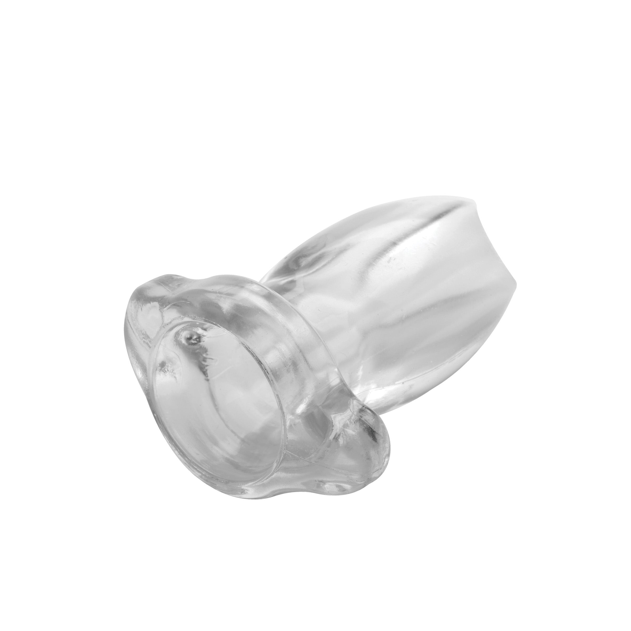 PeepHole Clear Hollow Anal Plug showcasing its transparent design and hollow center for enhanced visibility and liquid play.