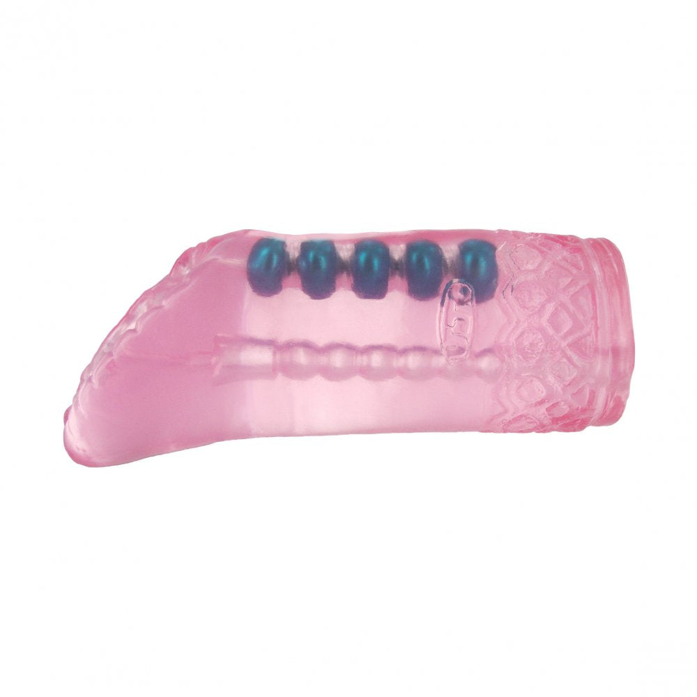 A plush pink beaded pussy stroker with a ribbed tunnel and removable pleasure beads, designed for intense stimulation and easy cleanup.