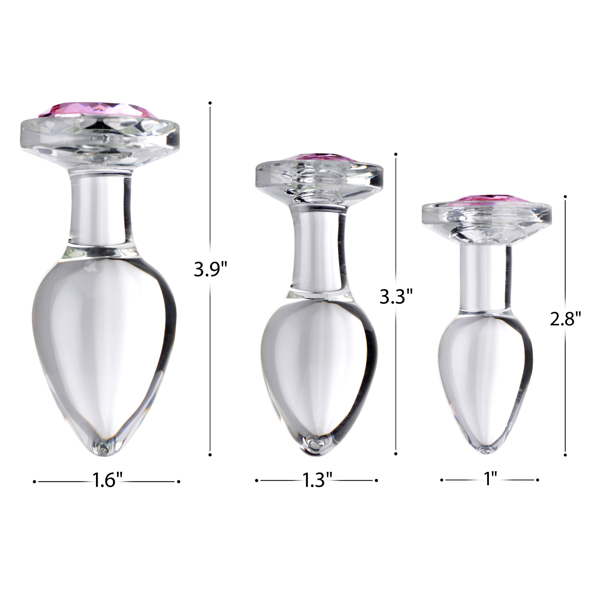 A set of three pink gem glass anal plugs, showcasing their smooth surface and tapered design for comfortable use.