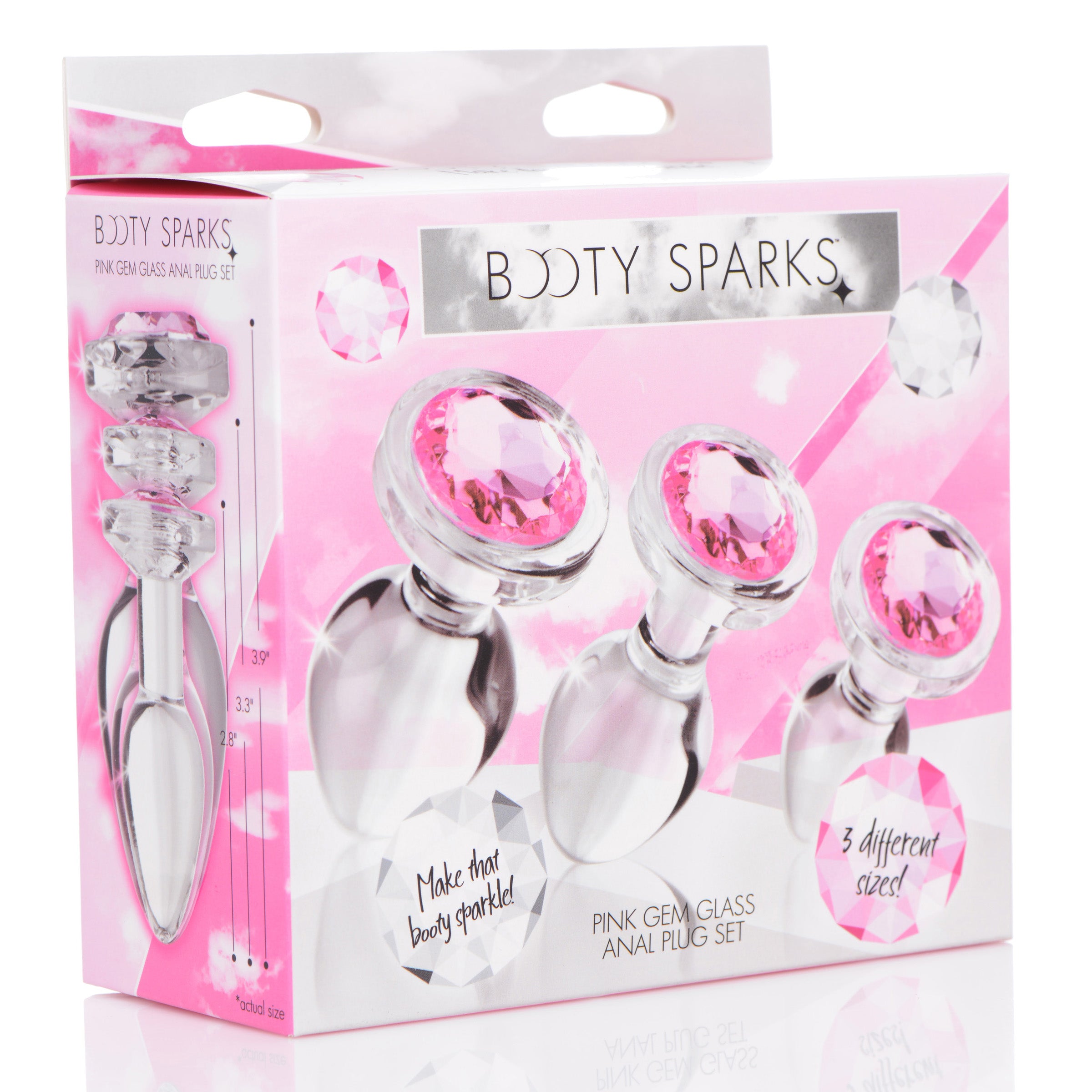 A set of three pink gem glass anal plugs, showcasing their smooth surface and tapered design for comfortable use.