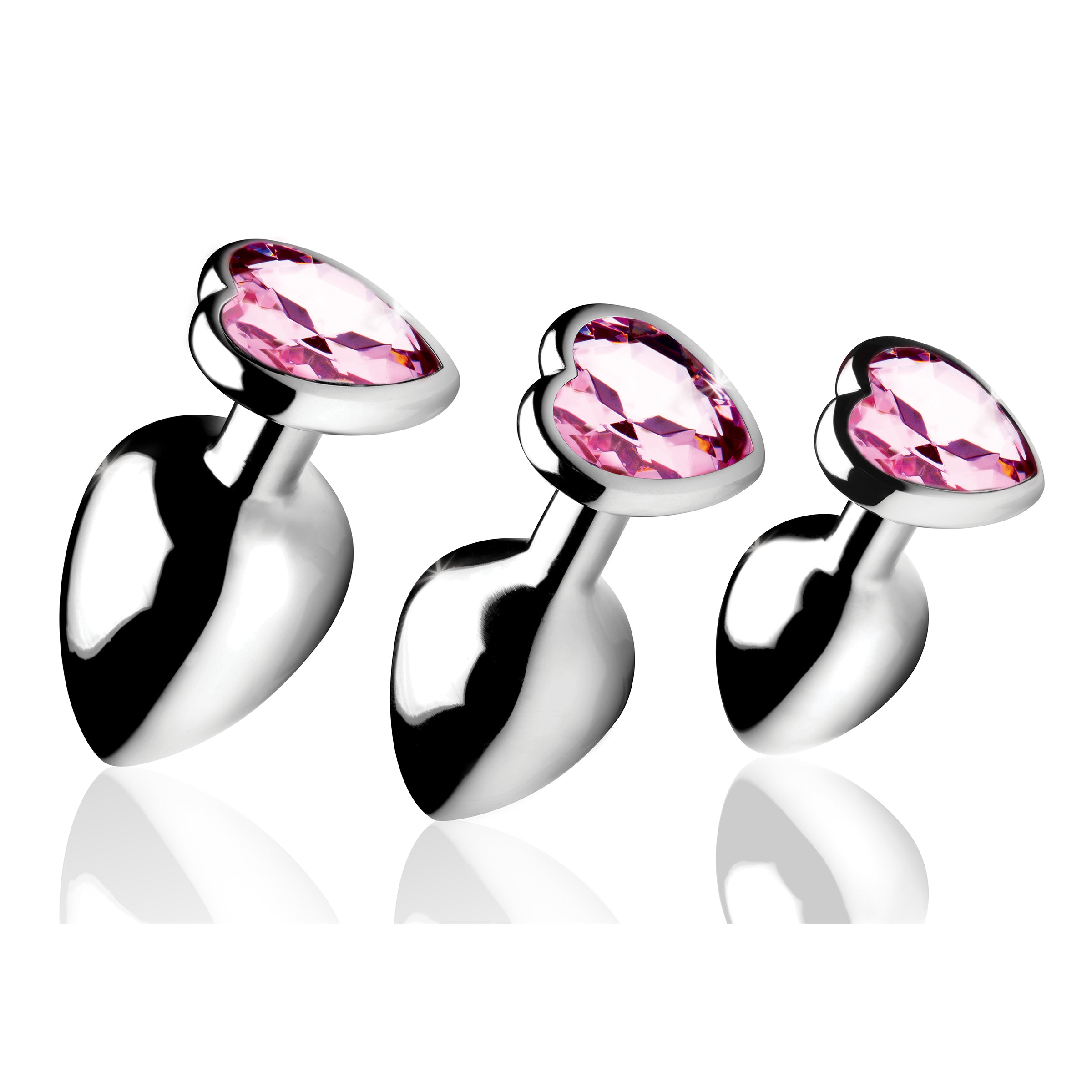 Pink Heart Gem Anal Plug Set featuring three sizes with heart-shaped design and sparkling charm at the base.