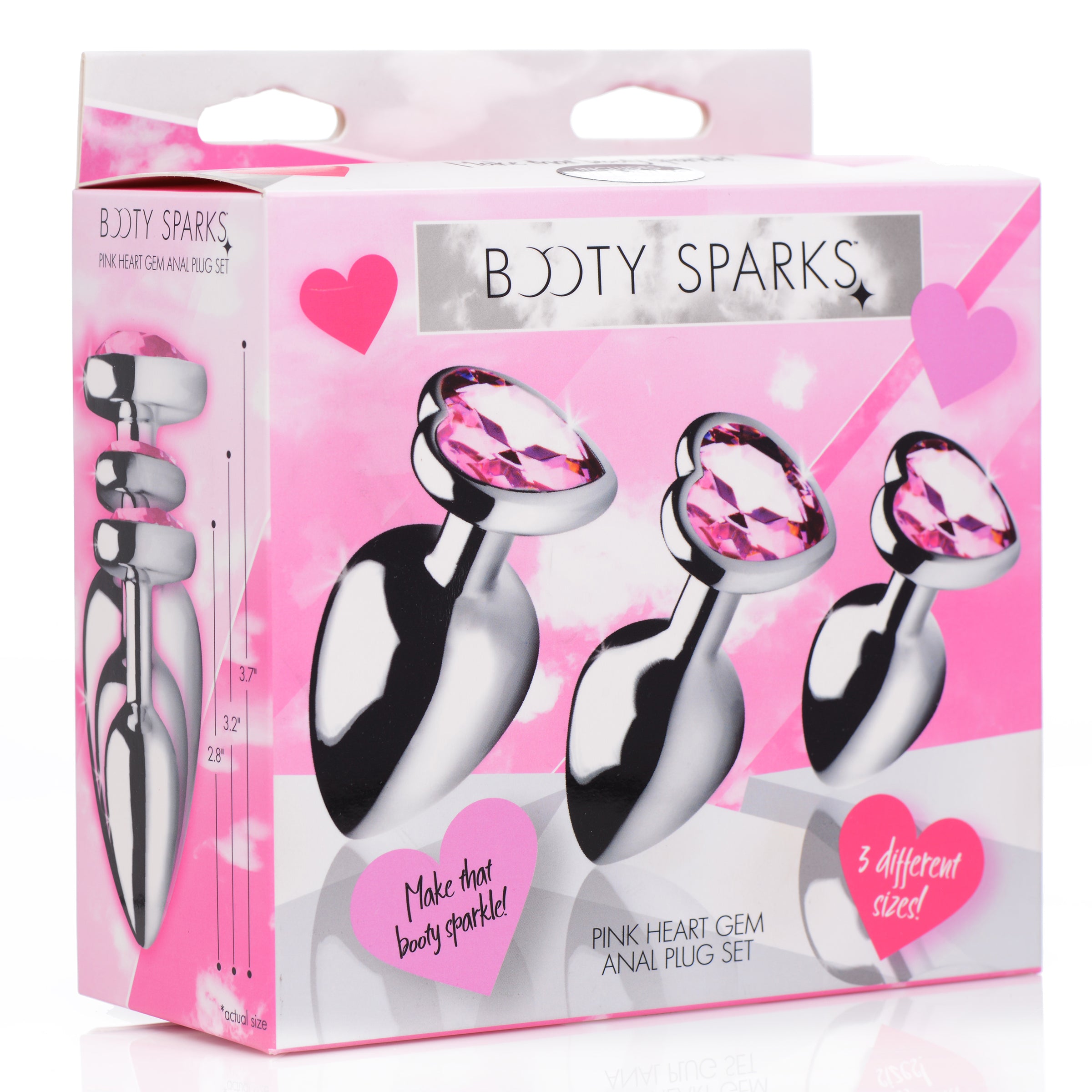 Pink Heart Gem Anal Plug Set featuring three sizes with heart-shaped design and sparkling charm at the base.