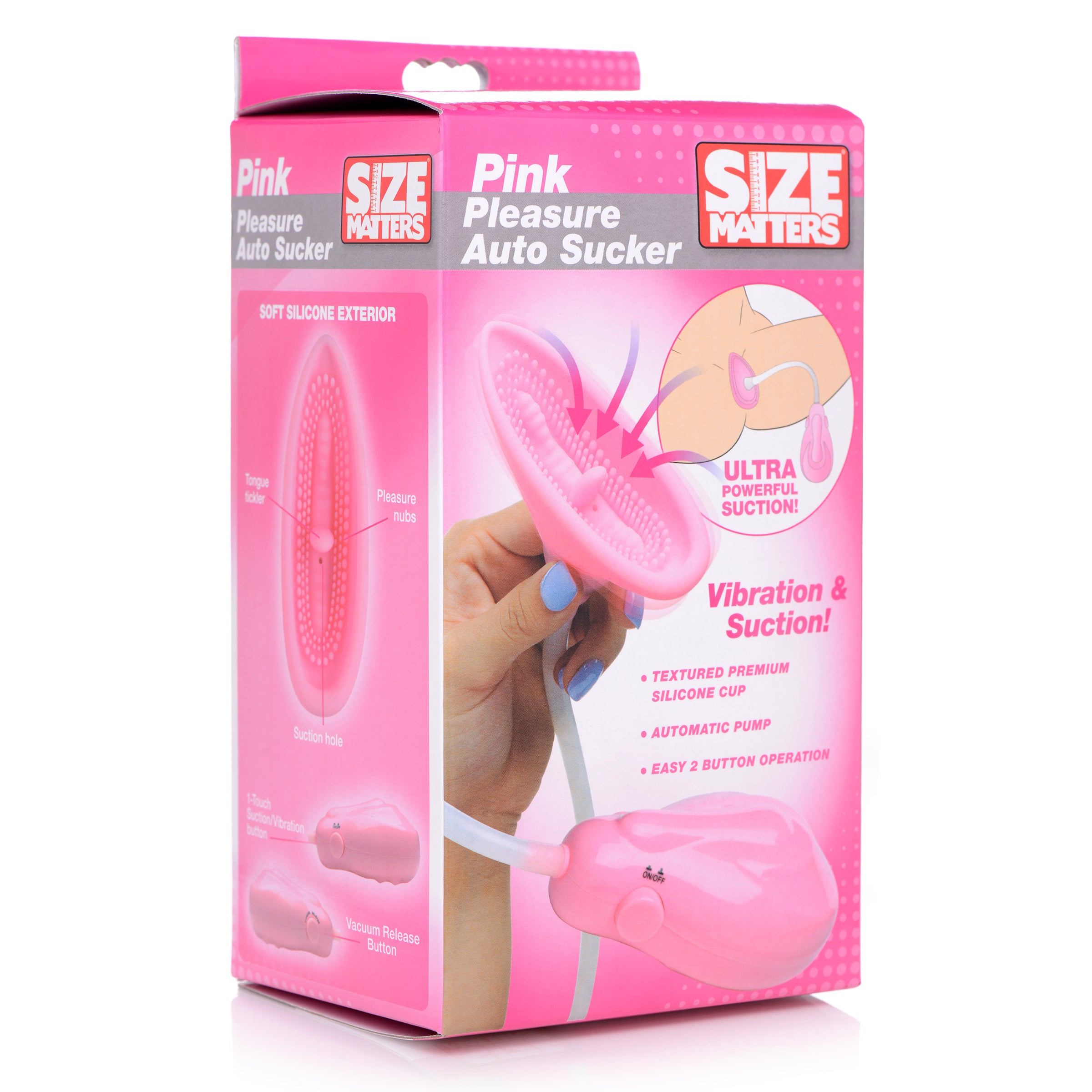 Pink Pleasure Auto Sucker with silicone cup and automatic pump for enhanced intimate pleasure.