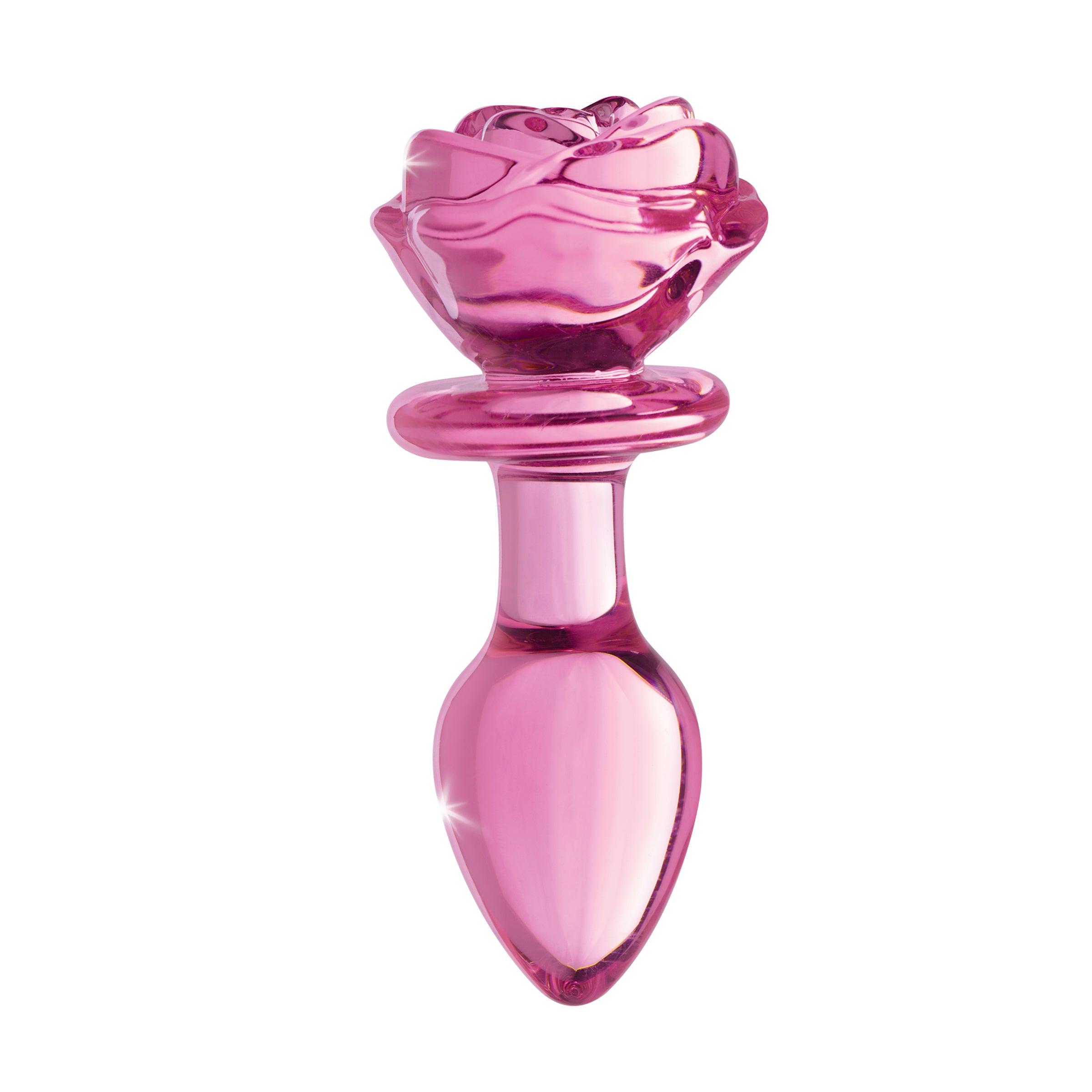 Pink Rose Glass Anal Plug - Medium, featuring a decorative rose design made from shatter-resistant borosilicate glass.