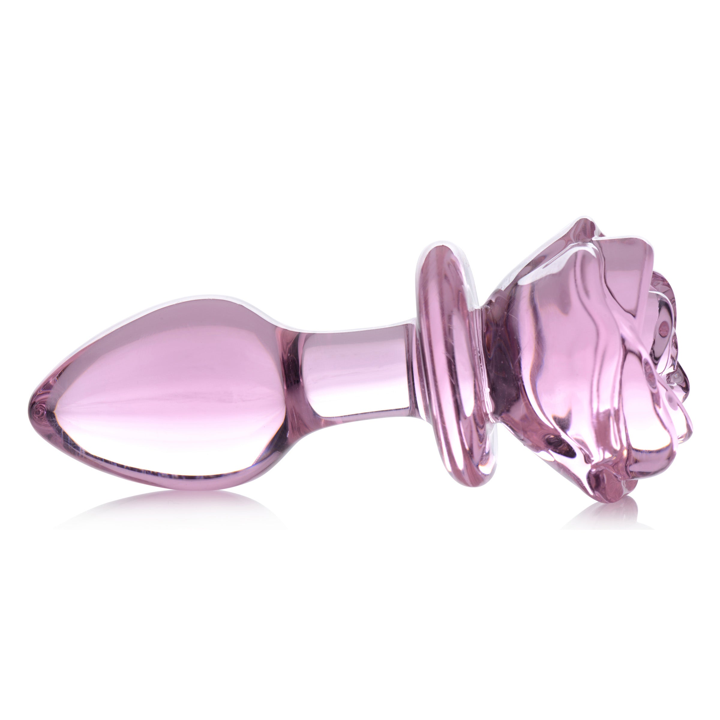 Pink Rose Glass Anal Plug - Medium, featuring a decorative rose design made from shatter-resistant borosilicate glass.