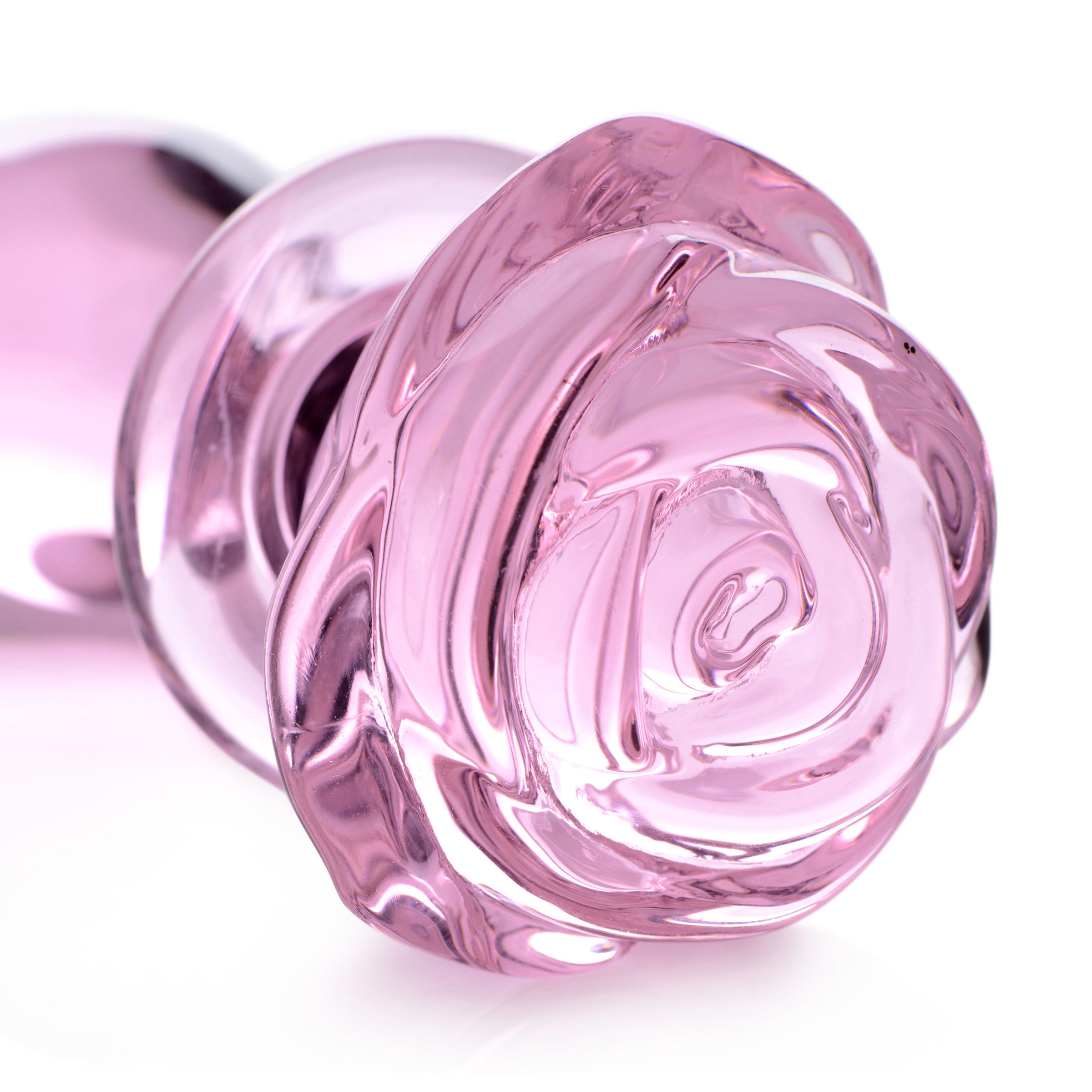 Pink Rose Glass Anal Plug - Medium, featuring a decorative rose design made from shatter-resistant borosilicate glass.