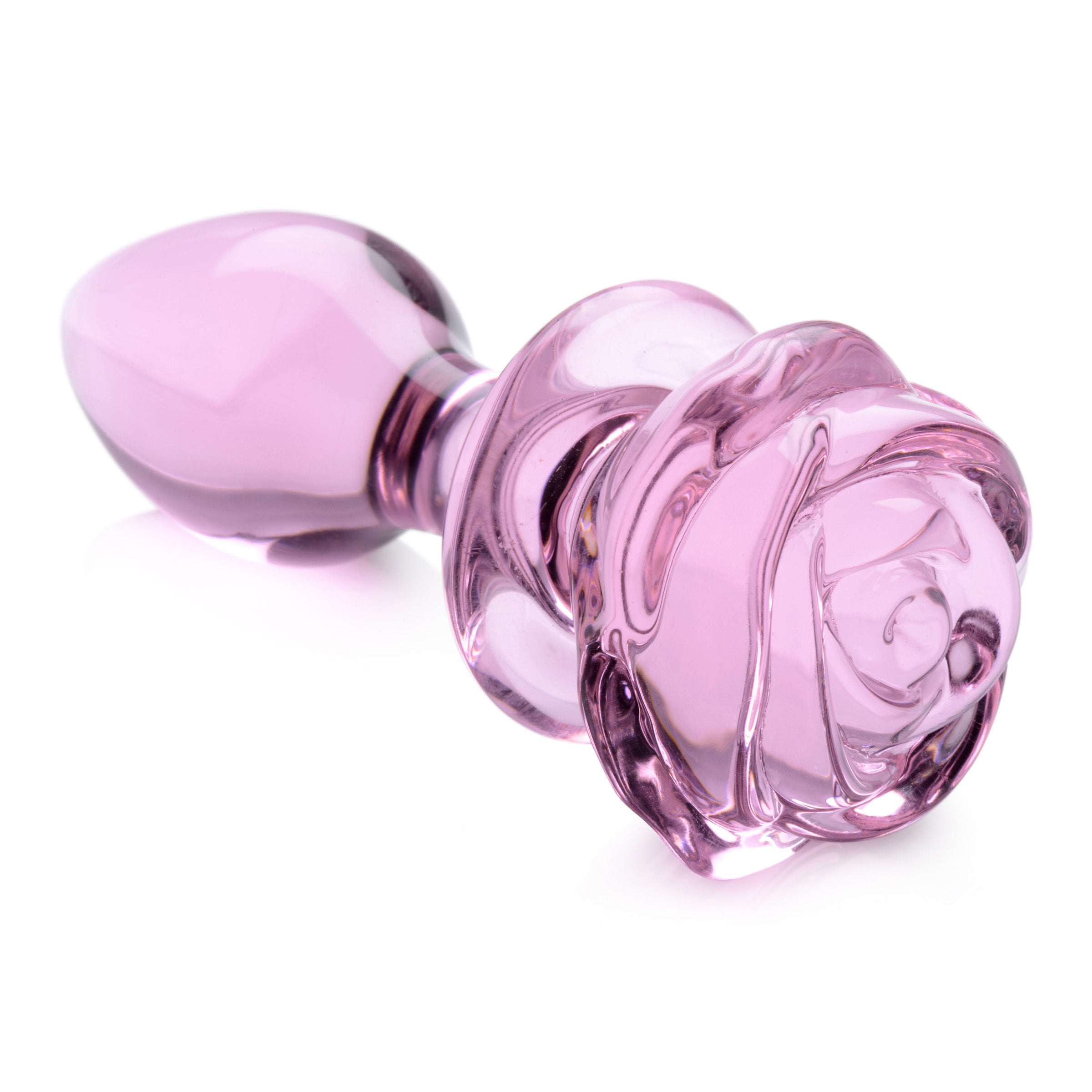 Pink Rose Glass Anal Plug - Medium, featuring a decorative rose design made from shatter-resistant borosilicate glass.