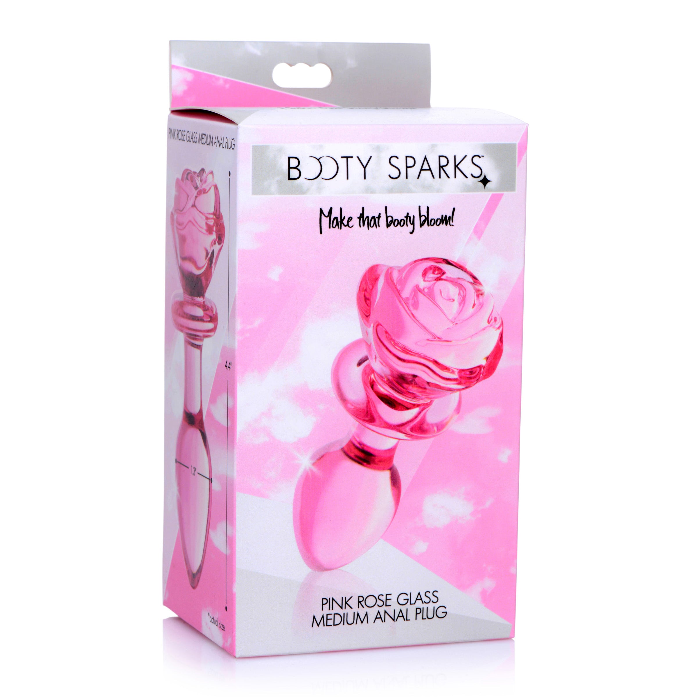 Pink Rose Glass Anal Plug - Medium, featuring a decorative rose design made from shatter-resistant borosilicate glass.