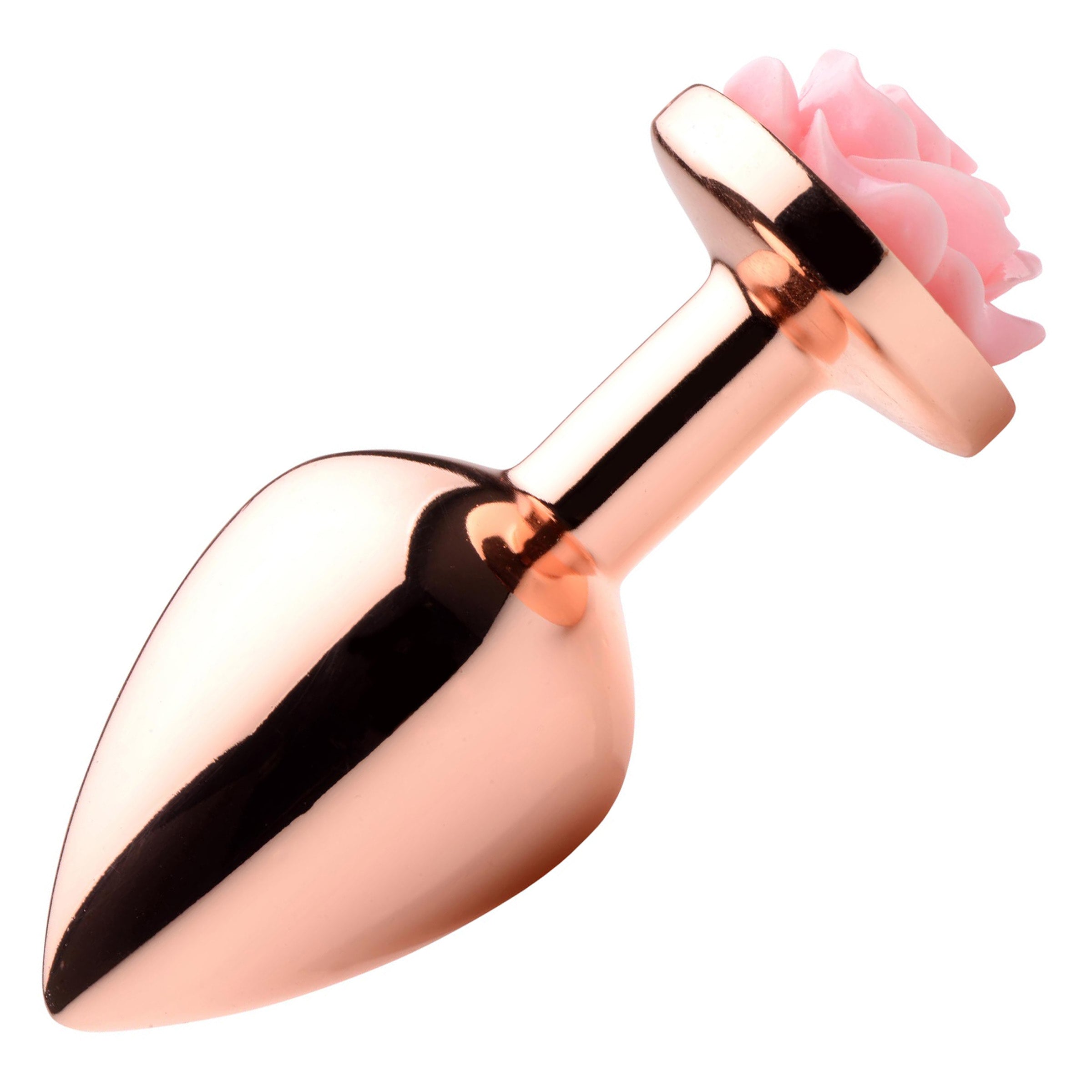 Pink Rose Gold Medium Anal Plug with a delicate pink flower on top, showcasing its elegant design and smooth metal finish.