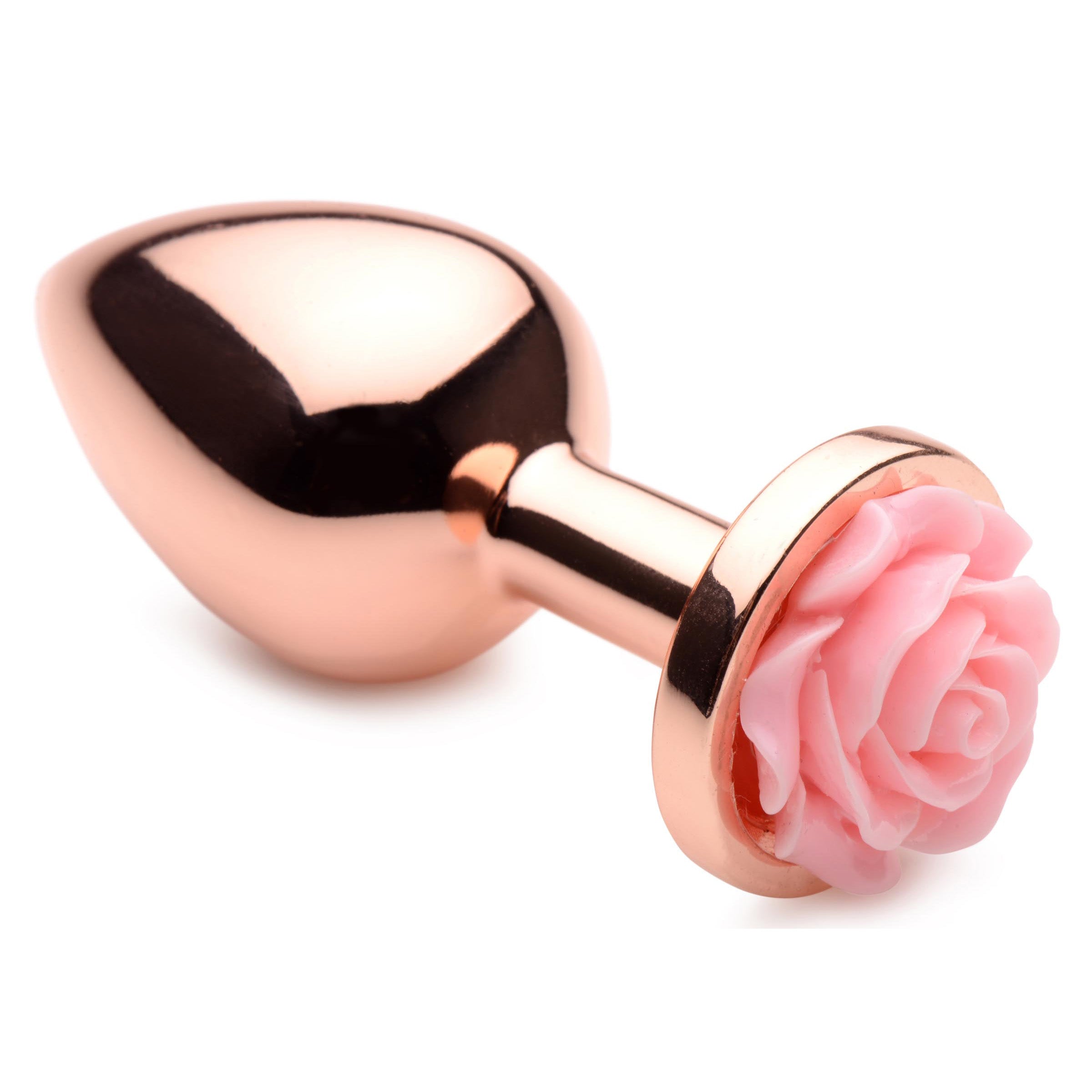 Pink Rose Gold Medium Anal Plug with a delicate pink flower on top, showcasing its elegant design and smooth metal finish.