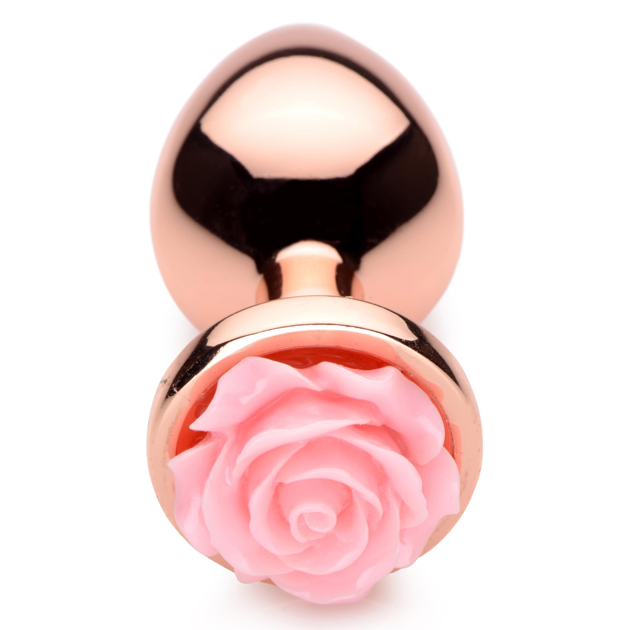 Pink Rose Gold Medium Anal Plug with a delicate pink flower on top, showcasing its elegant design and smooth metal finish.