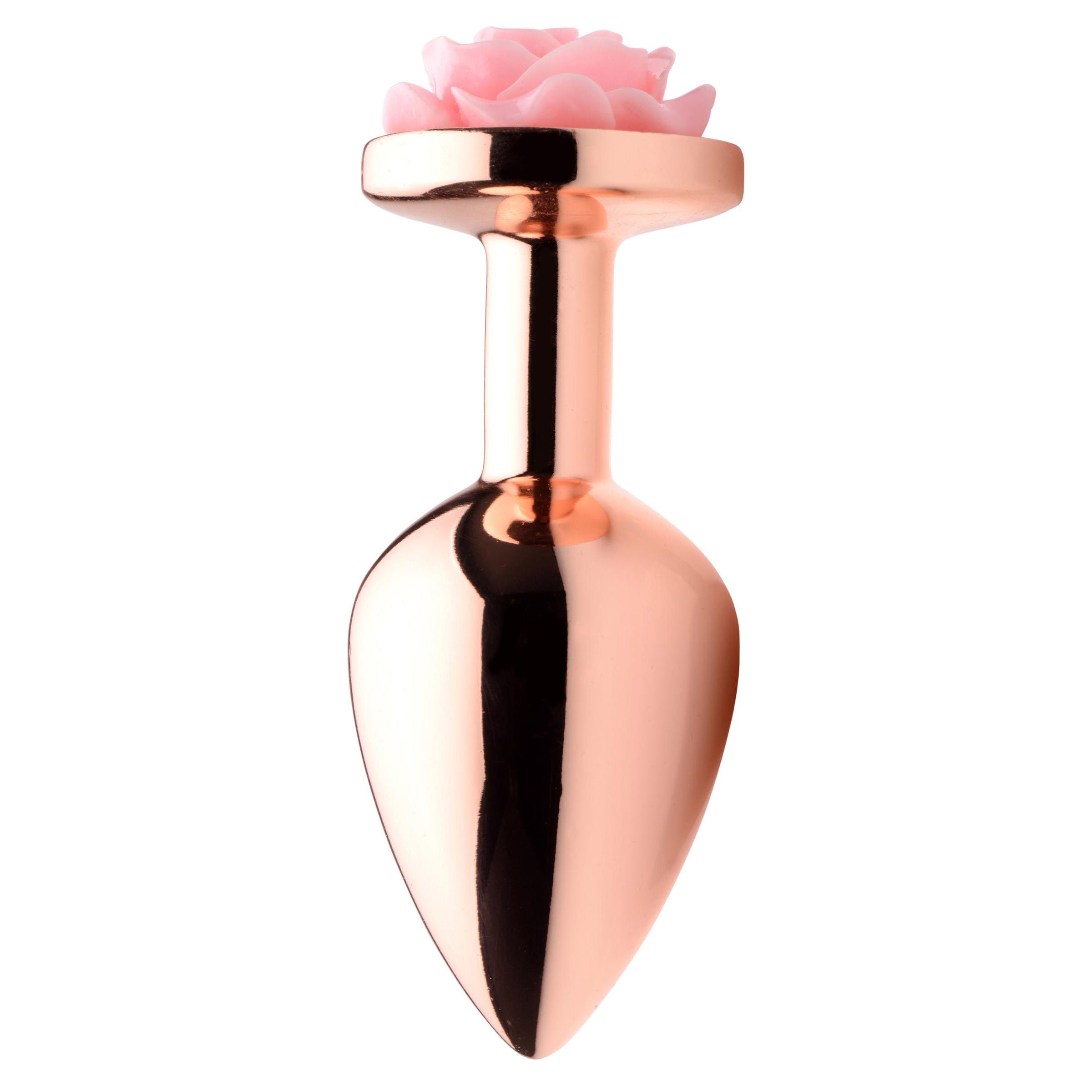 Pink Rose Gold Medium Anal Plug with a delicate pink flower on top, showcasing its elegant design and smooth metal finish.