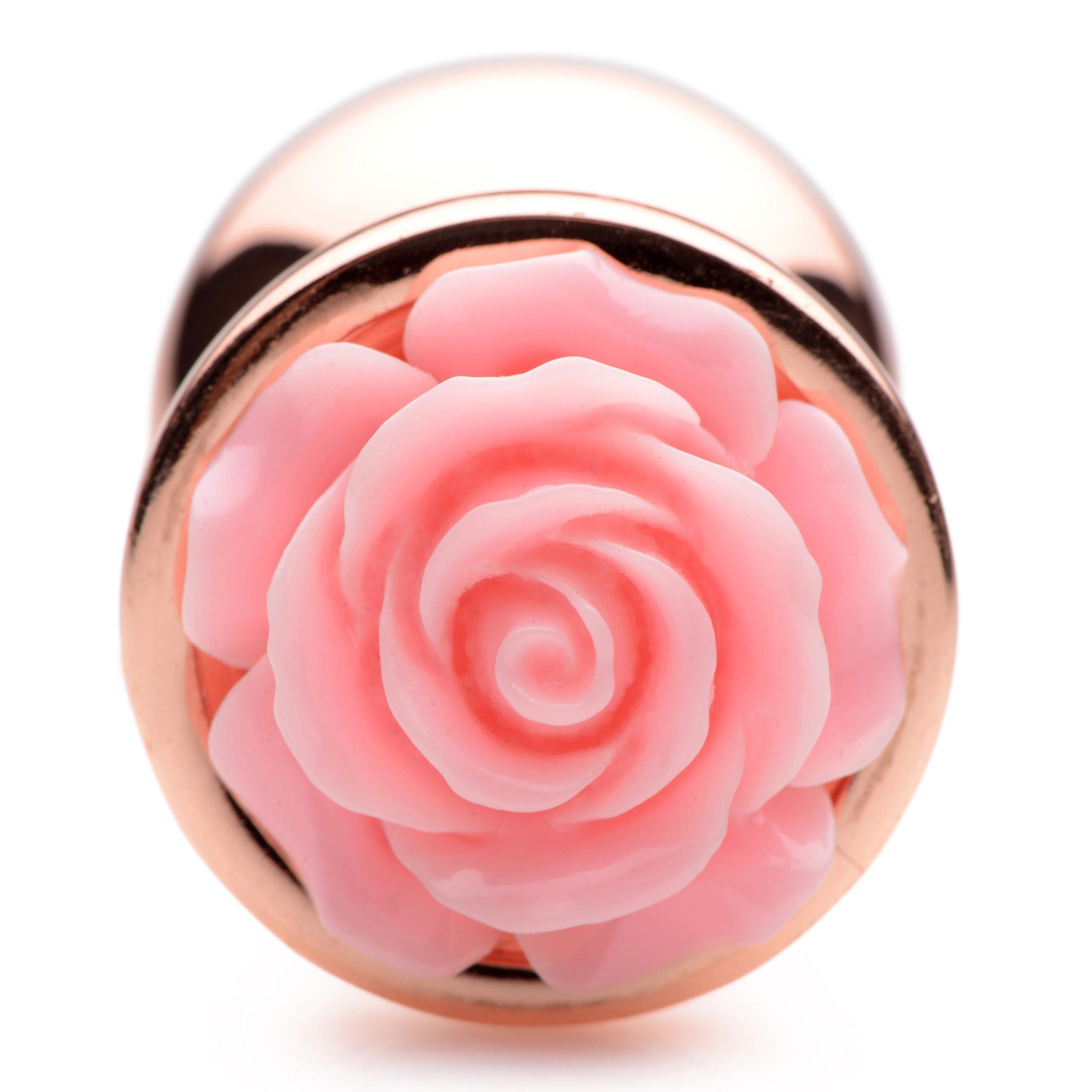 Pink Rose Gold Medium Anal Plug with a delicate pink flower on top, showcasing its elegant design and smooth metal finish.