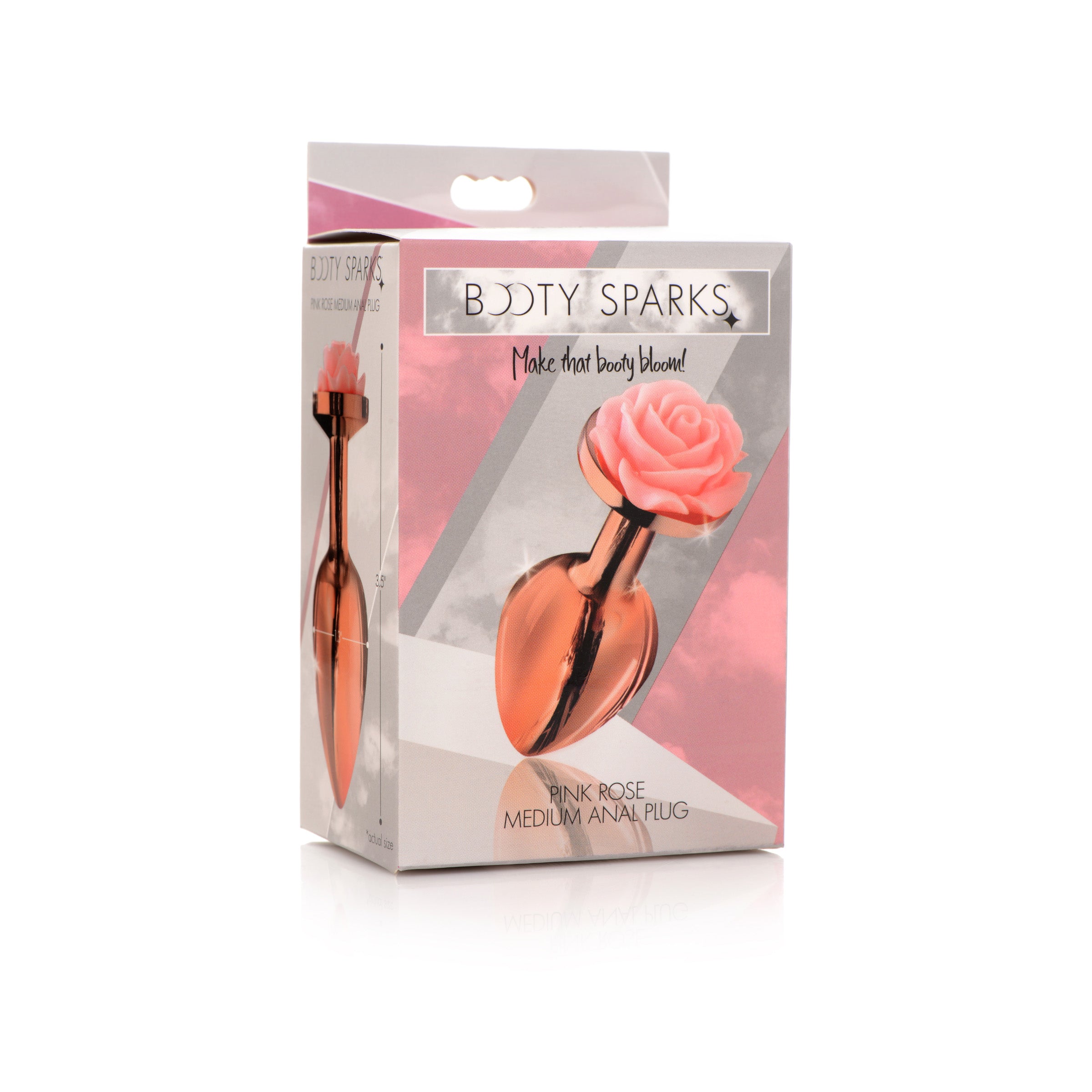 Pink Rose Gold Medium Anal Plug with a delicate pink flower on top, showcasing its elegant design and smooth metal finish.