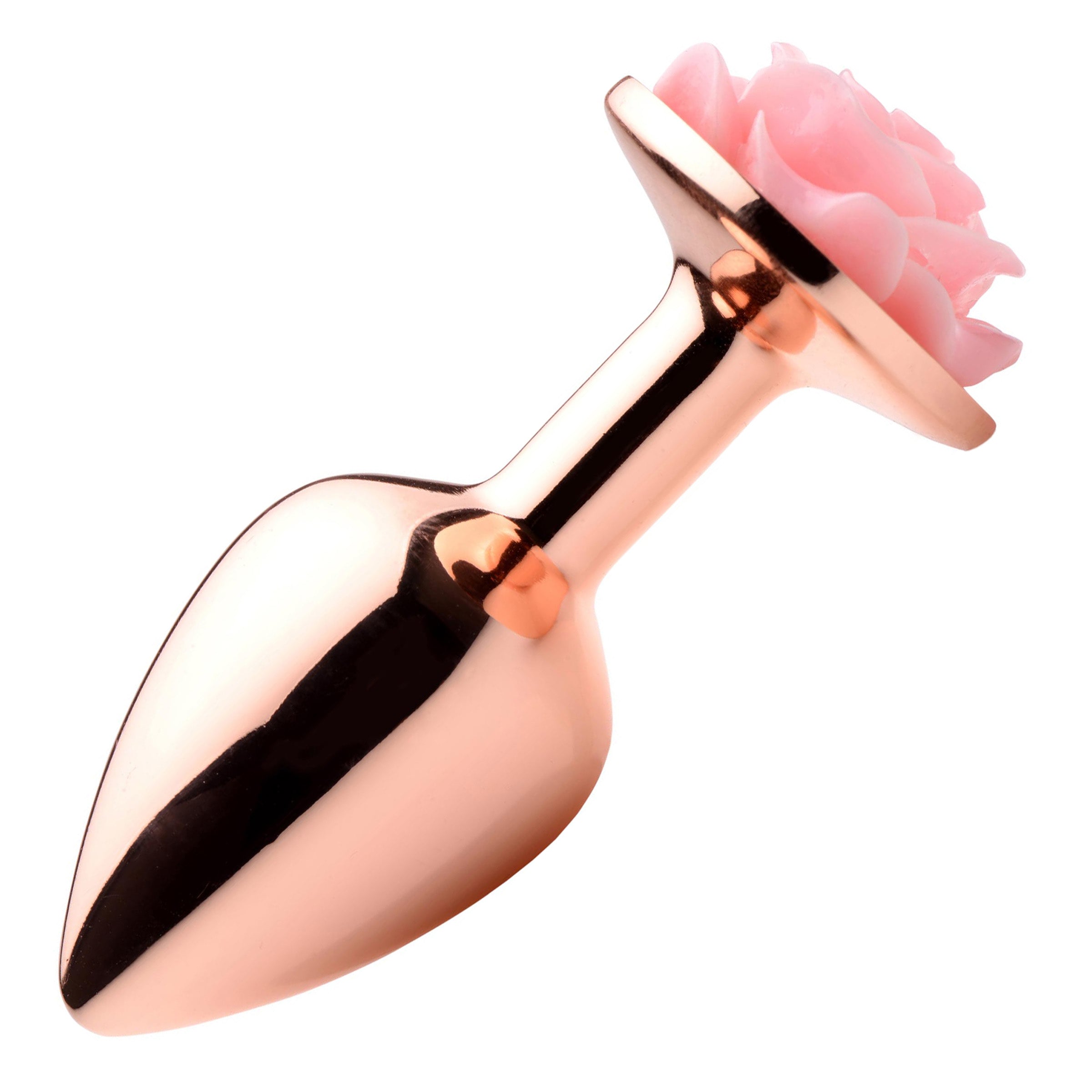 Pink Rose Gold Small Anal Plug with a delicate pink flower on top, made of body-safe aluminum alloy.