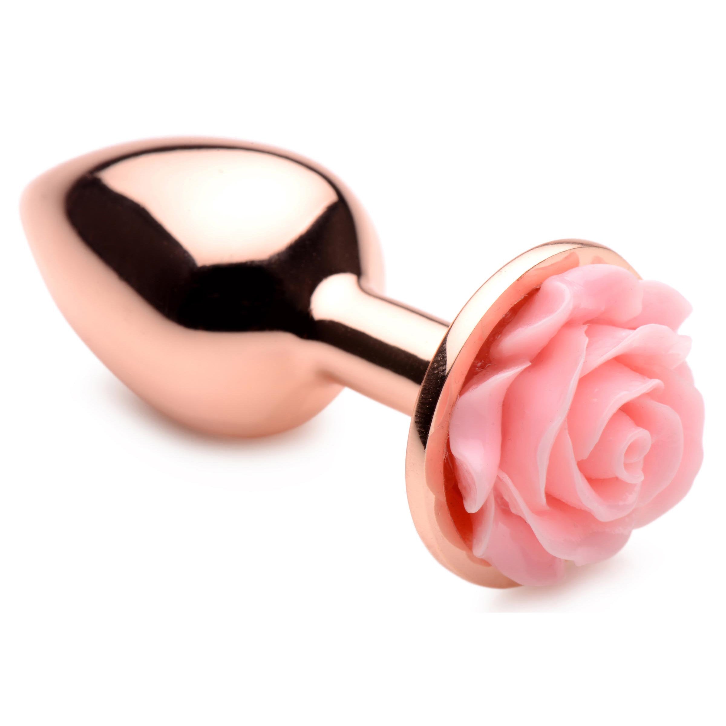 Pink Rose Gold Small Anal Plug with a delicate pink flower on top, made of body-safe aluminum alloy.