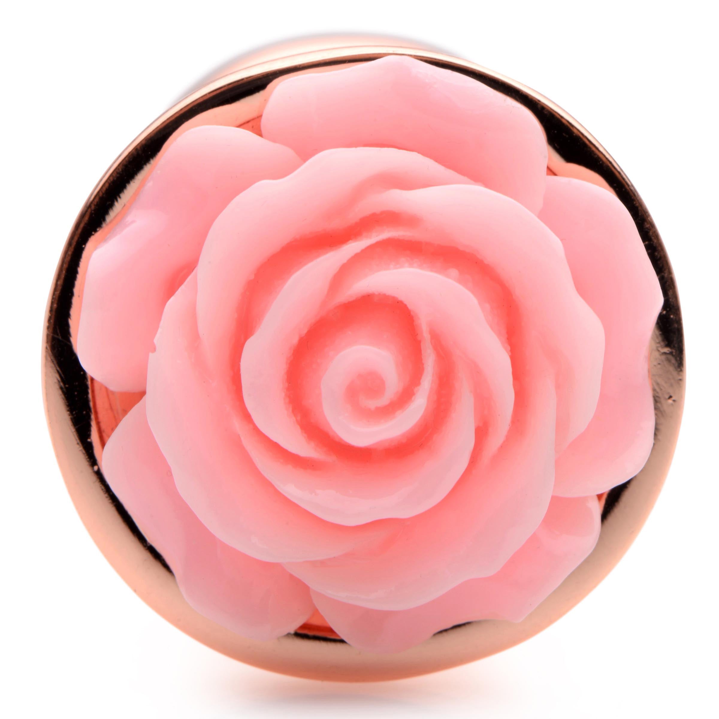 Pink Rose Gold Small Anal Plug with a delicate pink flower on top, made of body-safe aluminum alloy.