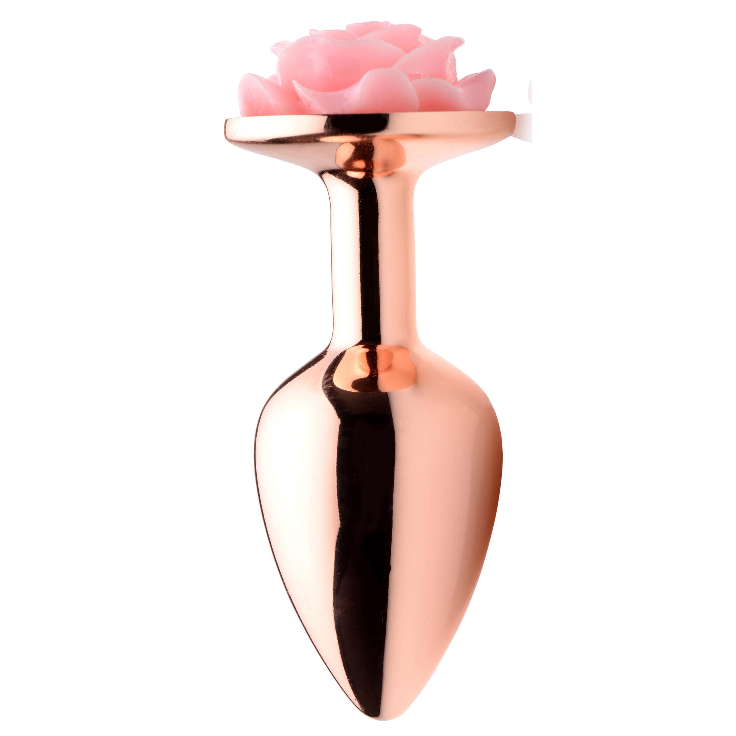 Pink Rose Gold Small Anal Plug with a delicate pink flower on top, made of body-safe aluminum alloy.