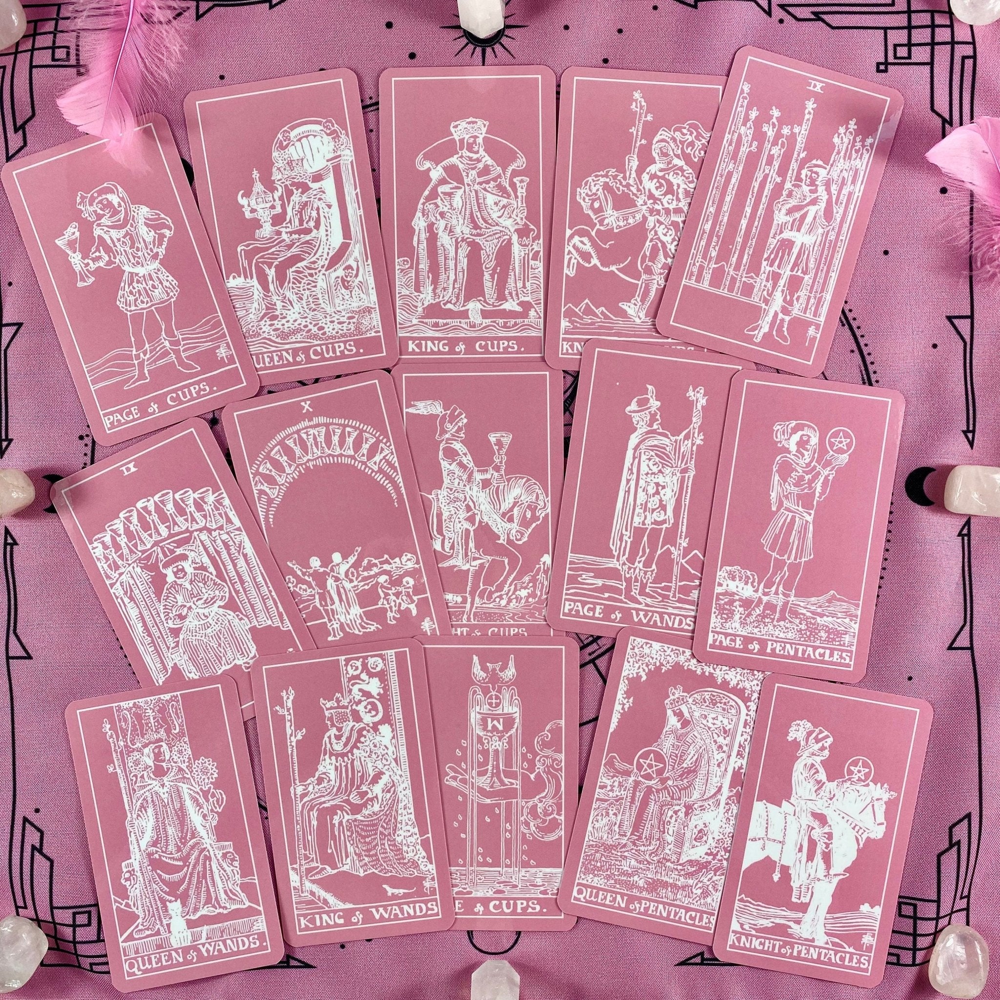 Pink White Tarot Deck featuring 78 cards, a guidebook, and stylish accessories including a velvet bag and wooden box.