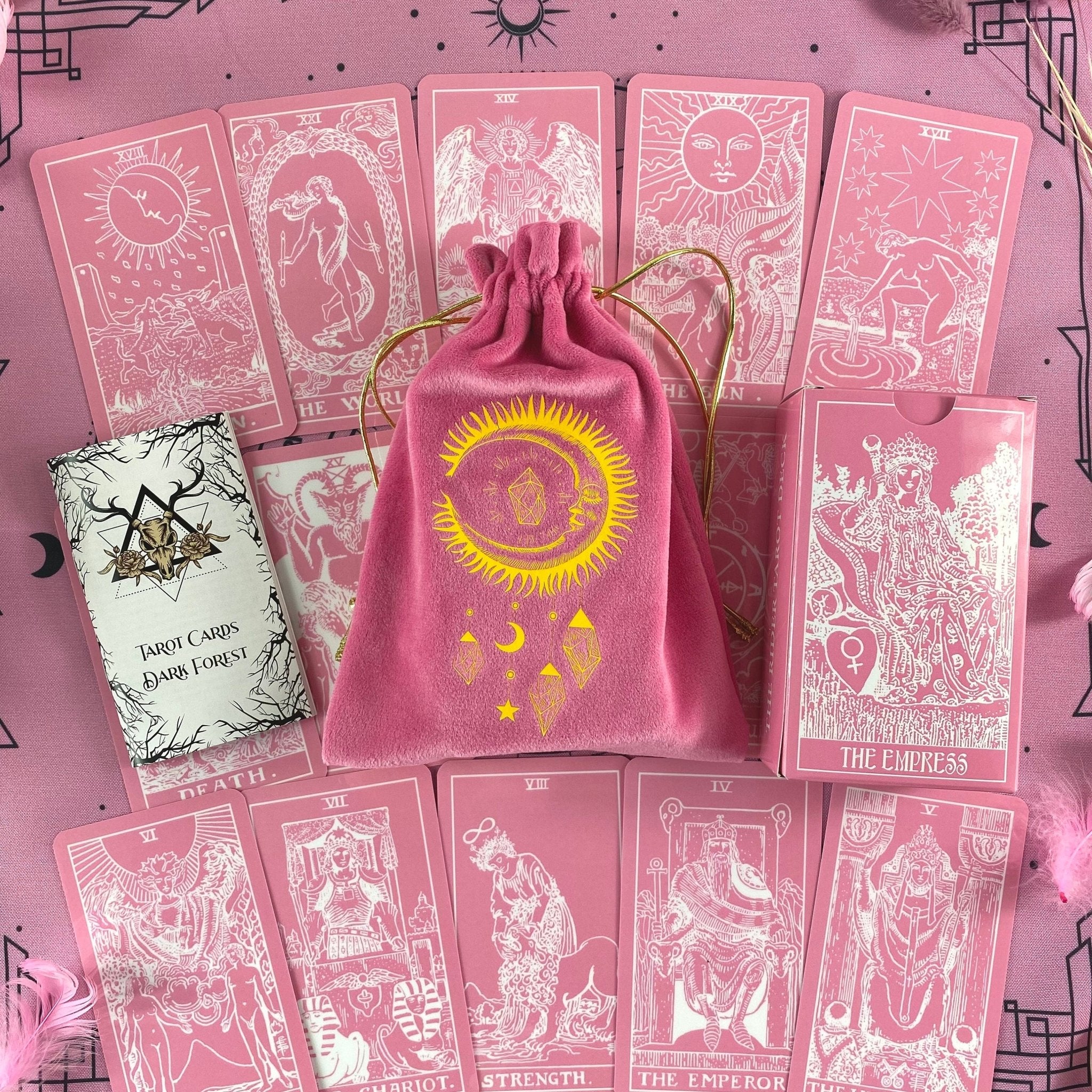 Pink White Tarot Deck featuring 78 cards, a guidebook, and stylish accessories including a velvet bag and wooden box.