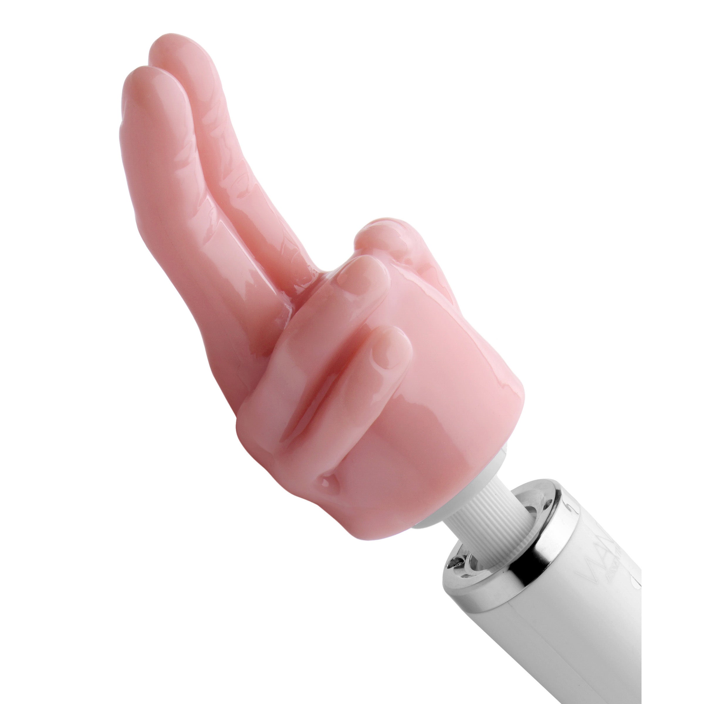 Pleasure Pointer Two Finger Wand Attachment in pink, designed for G-spot stimulation with a realistic feel and firm rubber material.