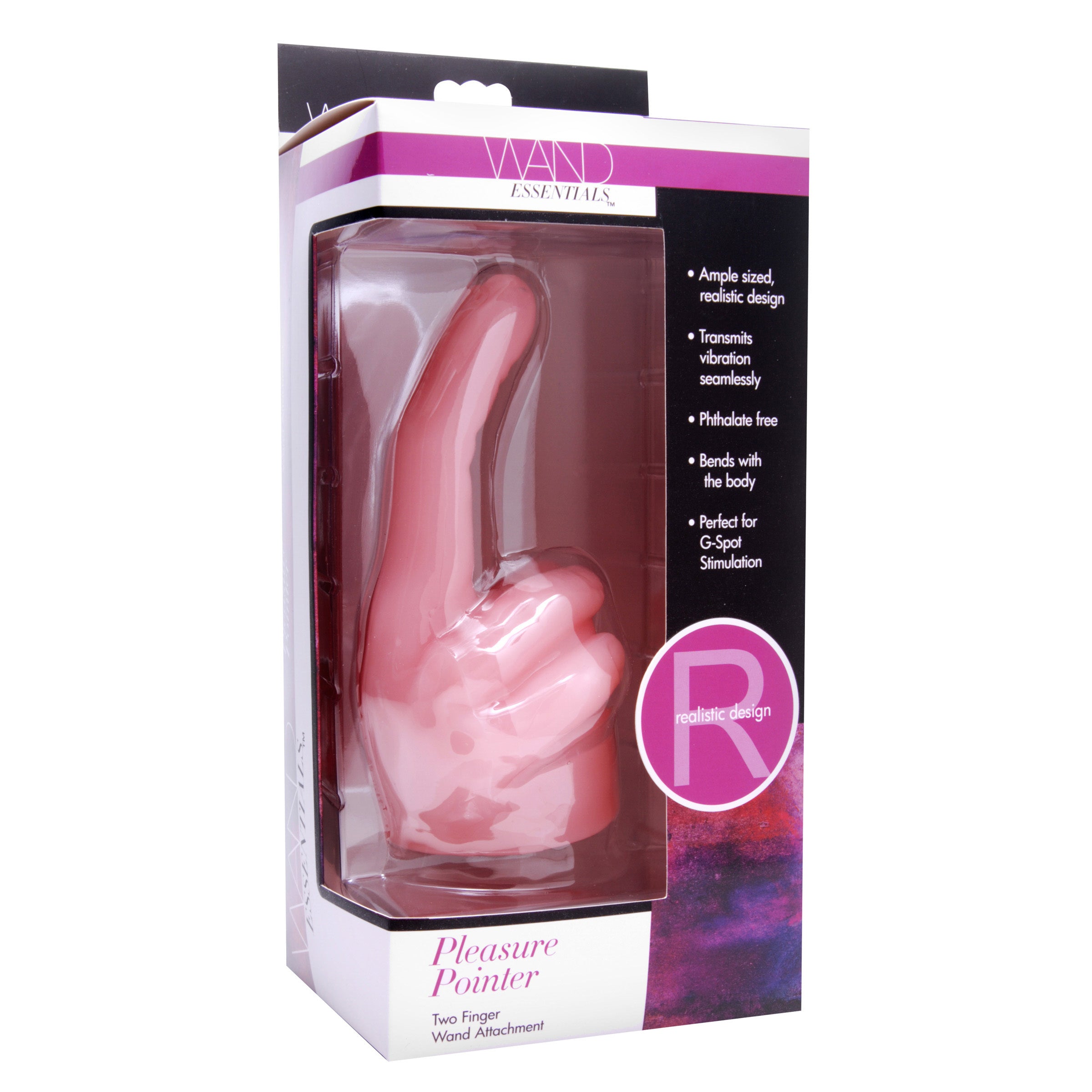 Pleasure Pointer Two Finger Wand Attachment in pink, designed for G-spot stimulation with a realistic feel and firm rubber material.