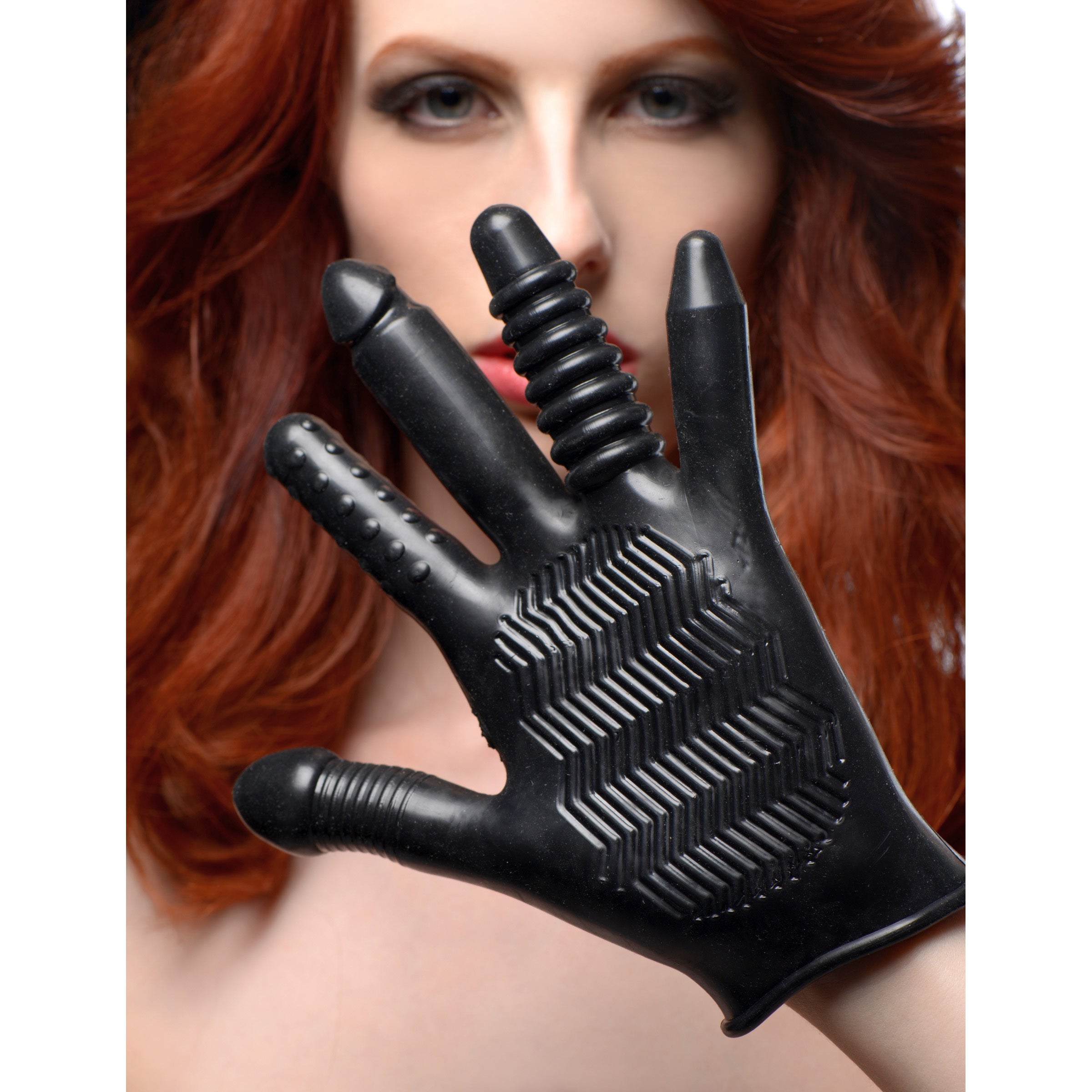 Pleasure Poker Textured Glove showcasing unique finger designs and zig-zag palm tread for enhanced sensations.