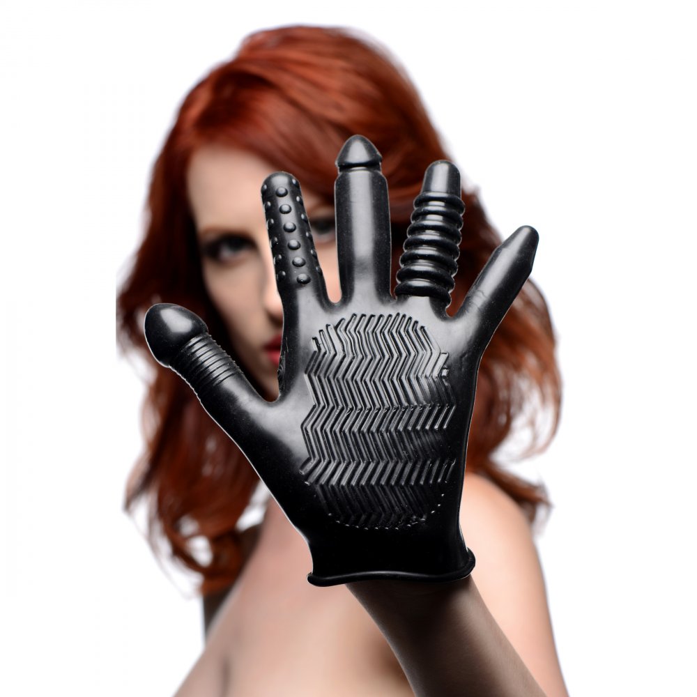 Pleasure Poker Textured Glove showcasing unique finger designs and zig-zag palm tread for enhanced sensations.