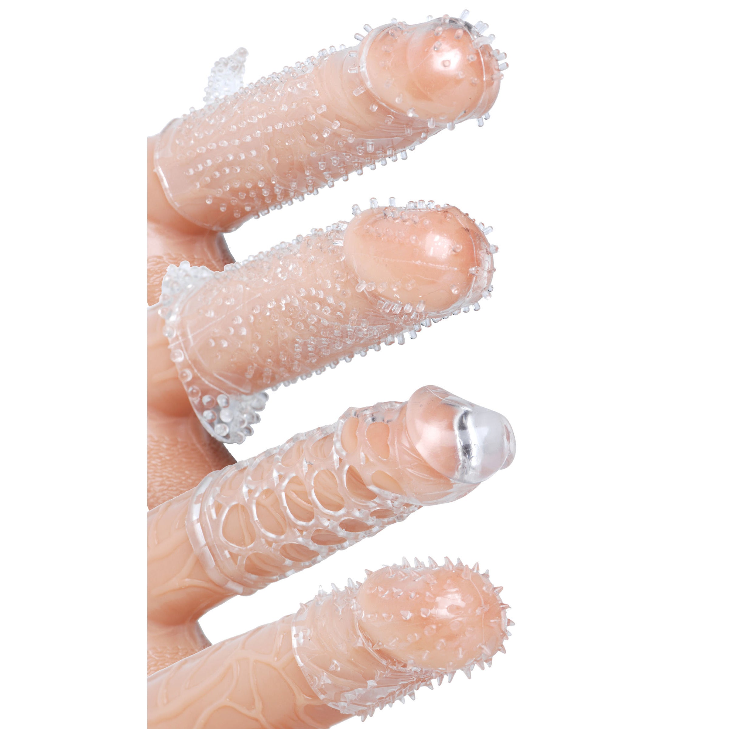 Four stretchy penis enhancement sleeves with various textures, designed for increased pleasure, in clear TPE material.