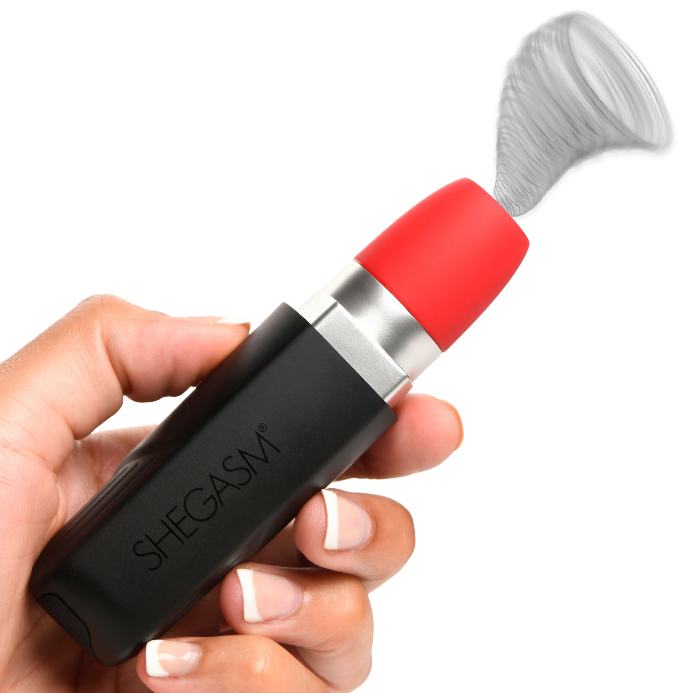 Pocket Pucker 10X Lipstick Clit Stimulator in red, resembling a lipstick tube, designed for discreet pleasure with a silicone tip for stimulation.