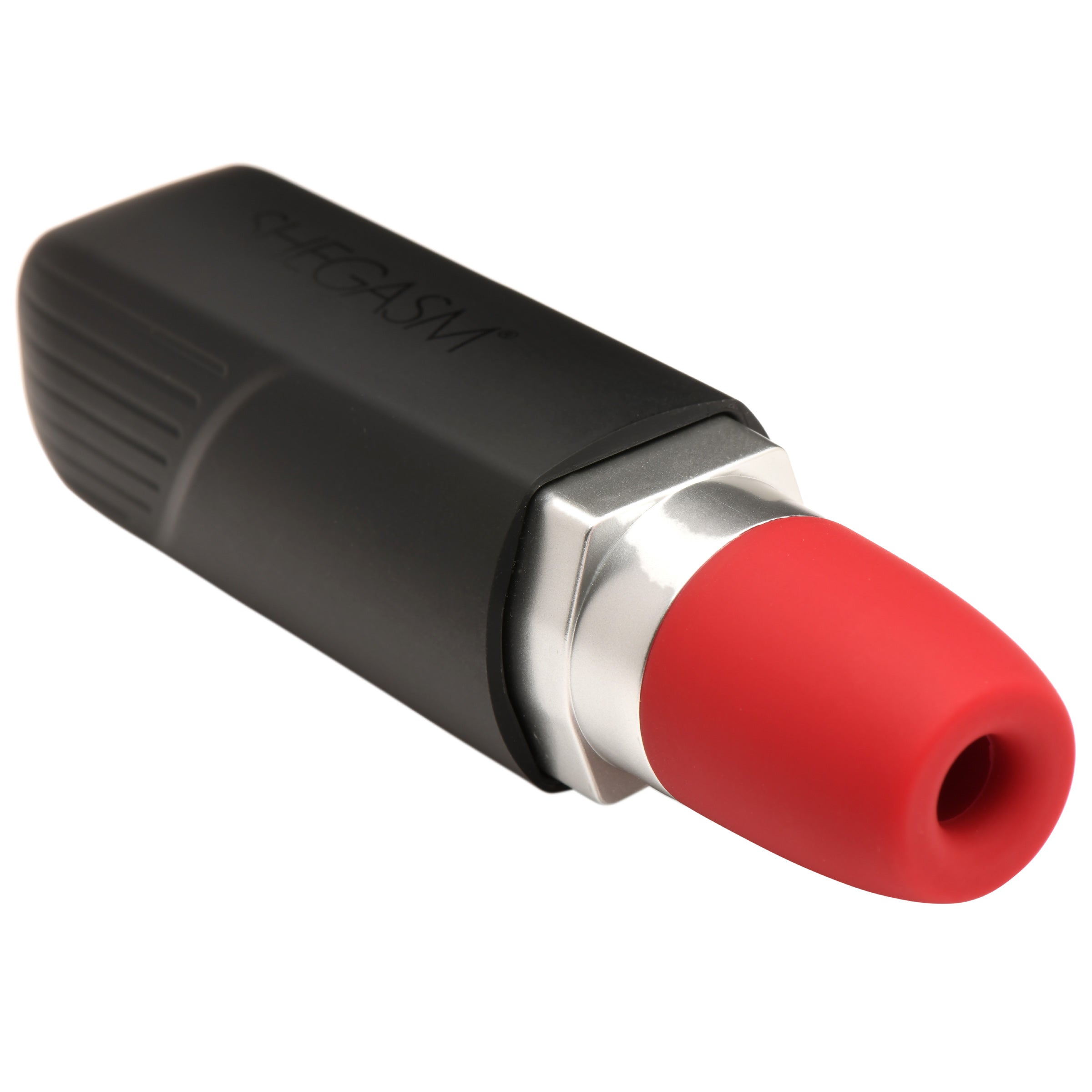 Pocket Pucker 10X Lipstick Clit Stimulator in red, resembling a lipstick tube, designed for discreet pleasure with a silicone tip for stimulation.