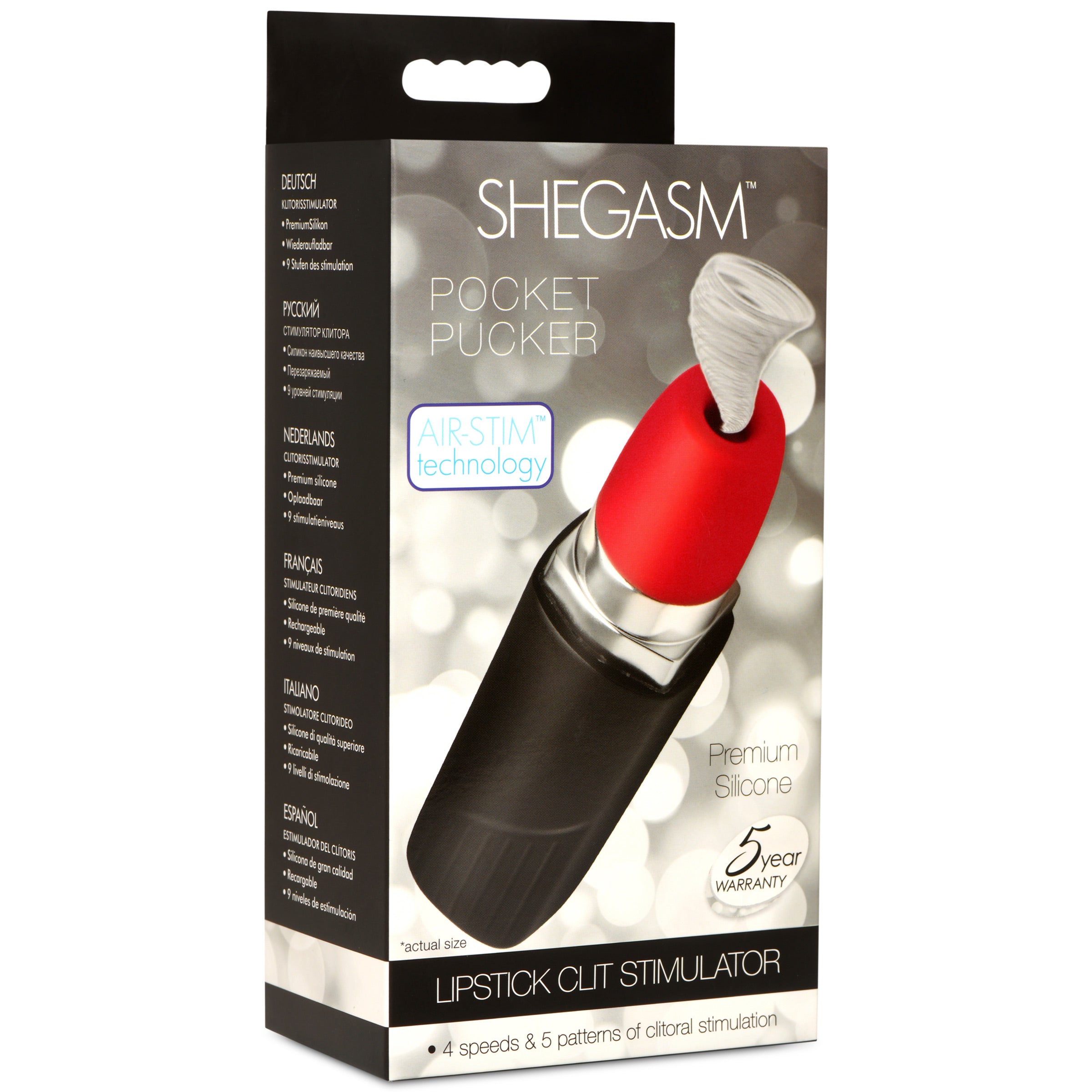 Pocket Pucker 10X Lipstick Clit Stimulator in red, resembling a lipstick tube, designed for discreet pleasure with a silicone tip for stimulation.