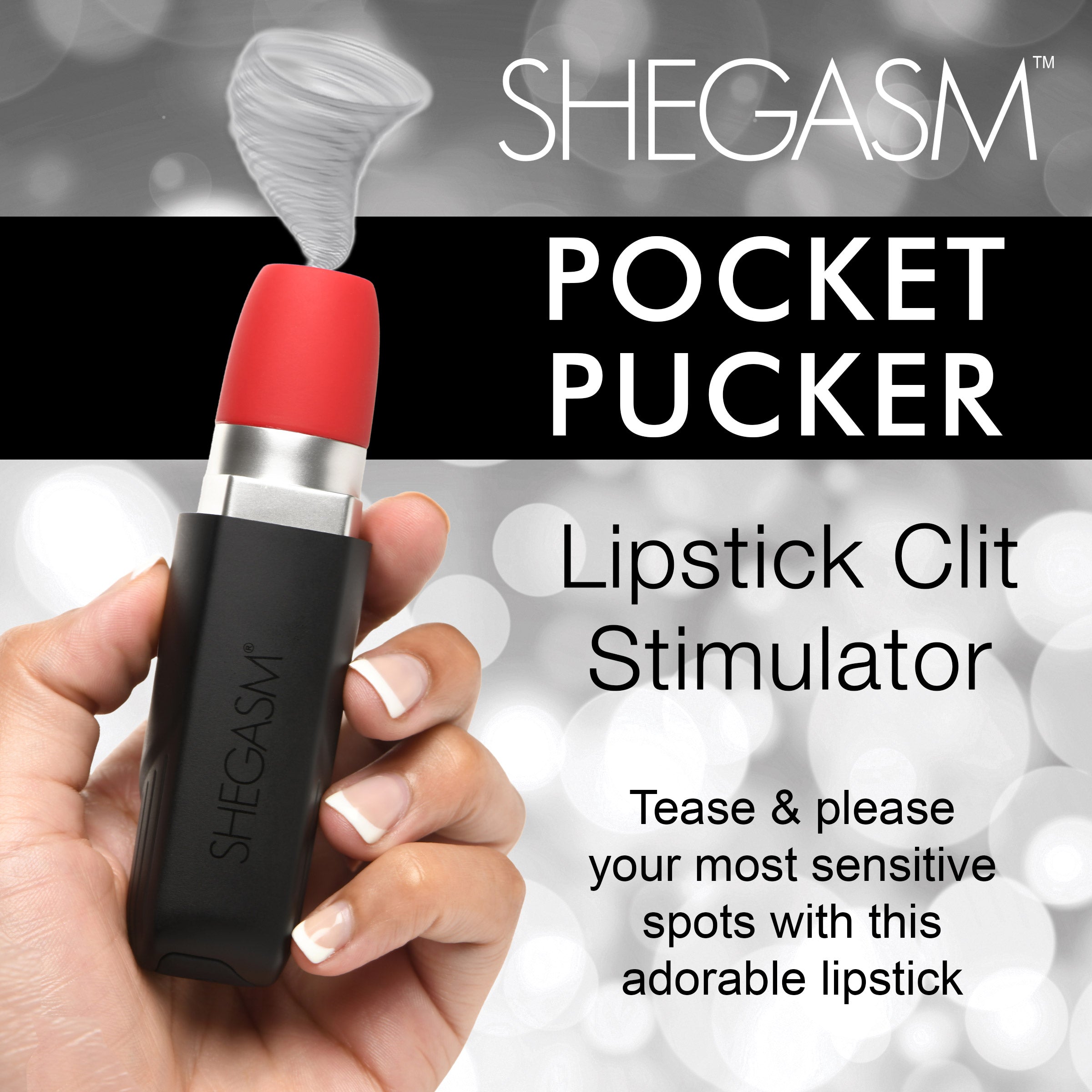 Pocket Pucker 10X Lipstick Clit Stimulator in red, resembling a lipstick tube, designed for discreet pleasure with a silicone tip for stimulation.