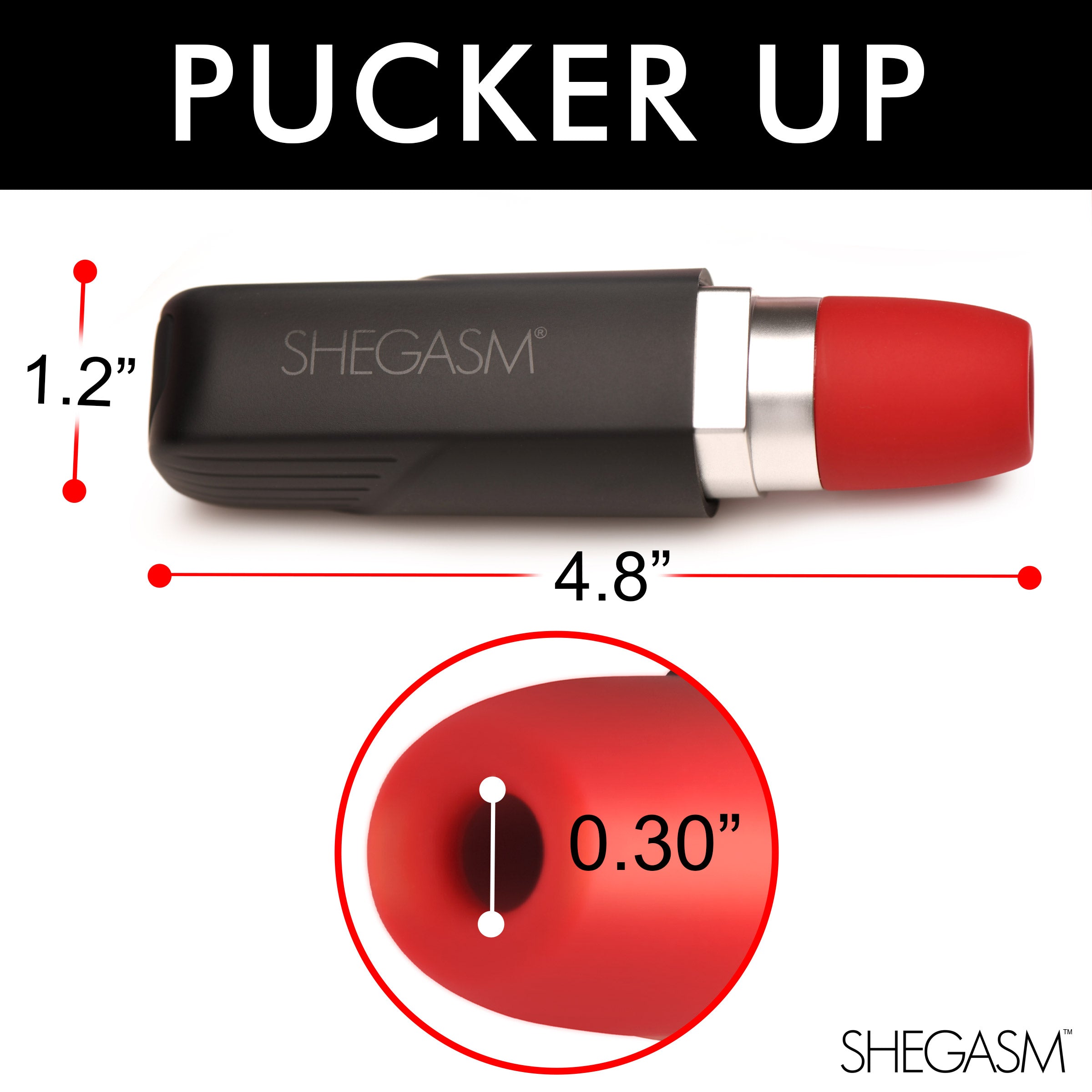 Pocket Pucker 10X Lipstick Clit Stimulator in red, resembling a lipstick tube, designed for discreet pleasure with a silicone tip for stimulation.