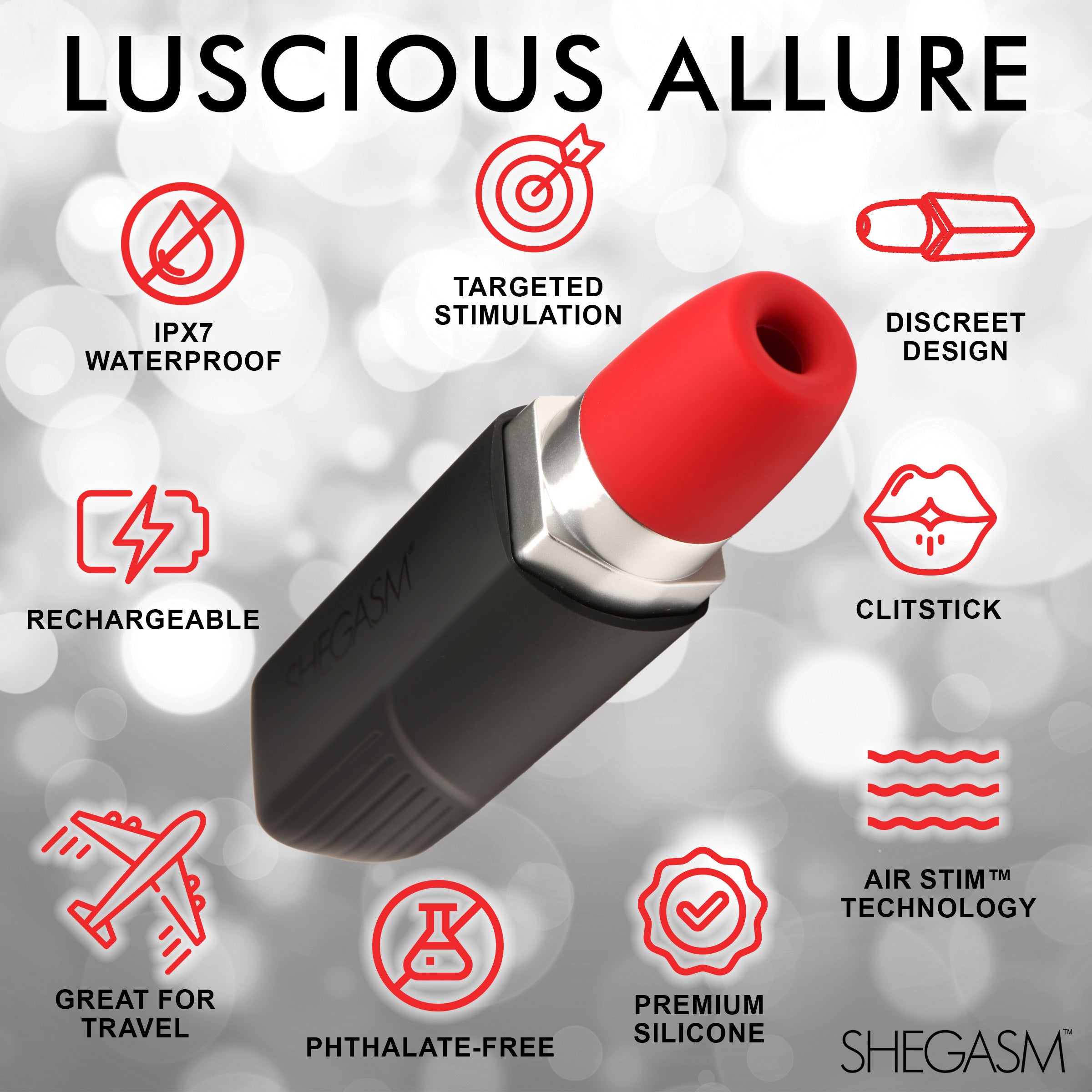 Pocket Pucker 10X Lipstick Clit Stimulator in red, resembling a lipstick tube, designed for discreet pleasure with a silicone tip for stimulation.