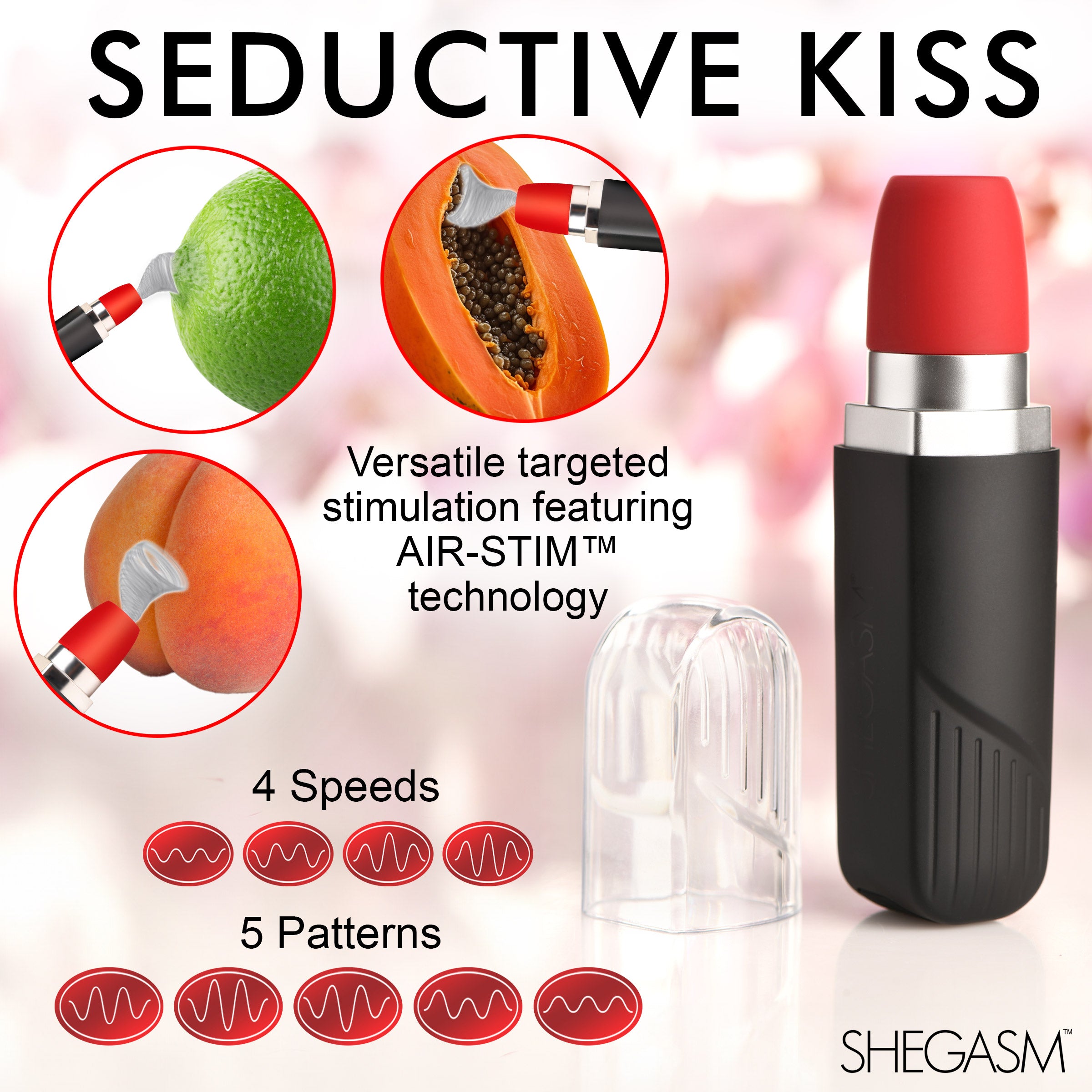 Pocket Pucker 10X Lipstick Clit Stimulator in red, resembling a lipstick tube, designed for discreet pleasure with a silicone tip for stimulation.