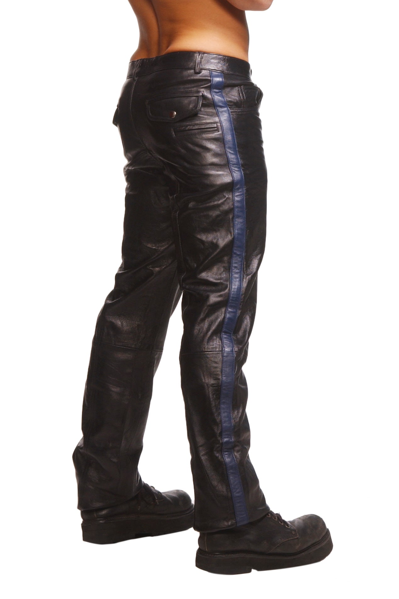 A pair of stylish police leather pants featuring a blue pinstripe design, made from soft lambskin leather, showcasing a snug fit.