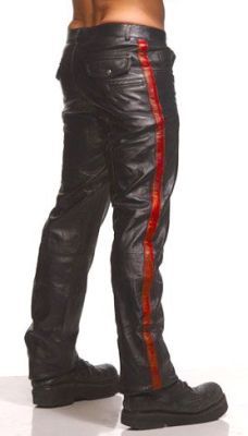 A pair of stylish police leather pants made from soft lambskin leather, featuring a striking red pinstripe down each leg.