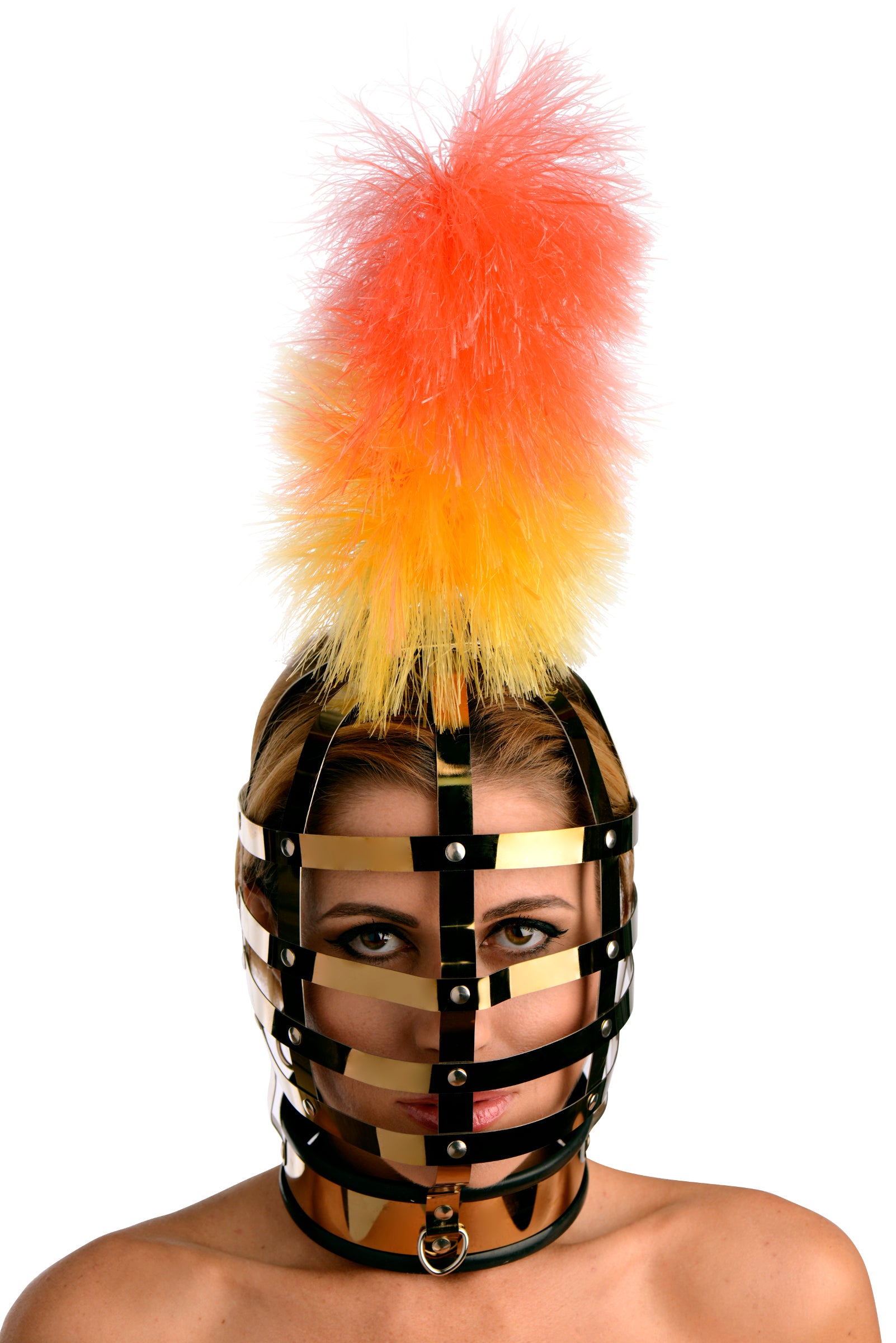 Golden Pony Fashion Head Cage with removable red and yellow plume, featuring adjustable collar and locking pins for secure fit.