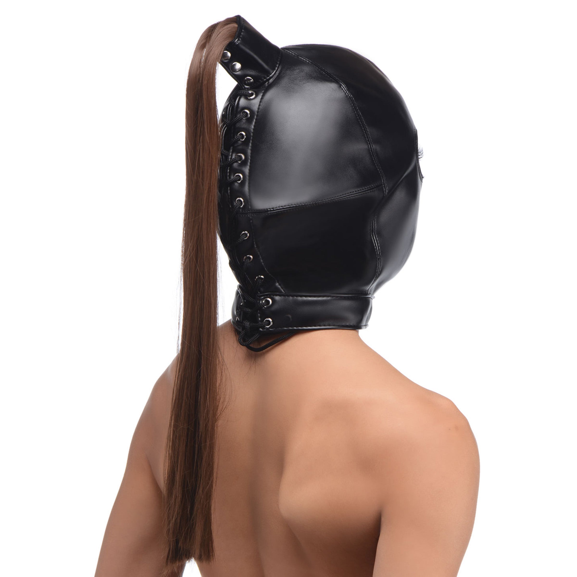 Ponytail Bondage Hood made of soft leather with a long brown ponytail, designed for bondage and fetish play.