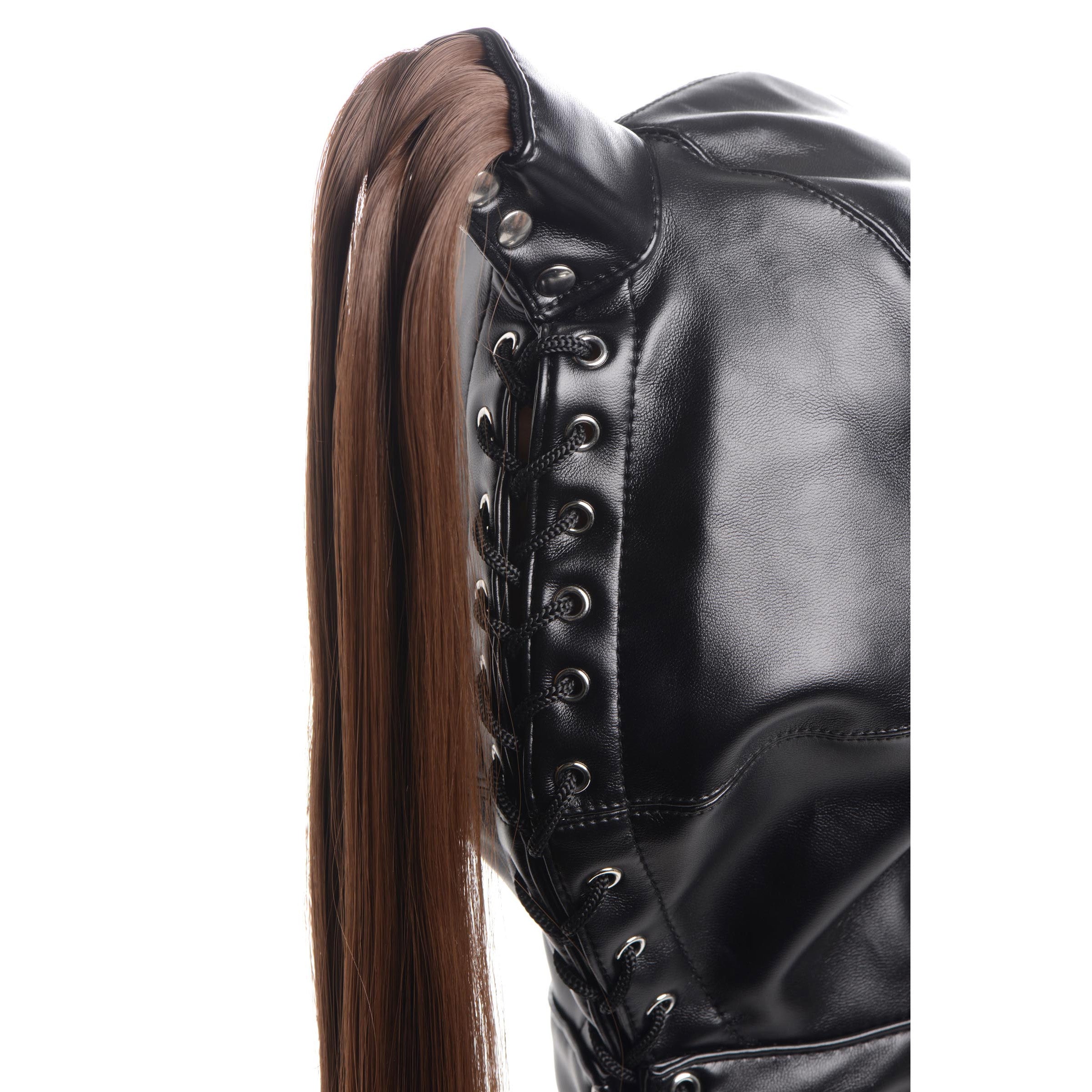 Ponytail Bondage Hood made of soft leather with a long brown ponytail, designed for bondage and fetish play.