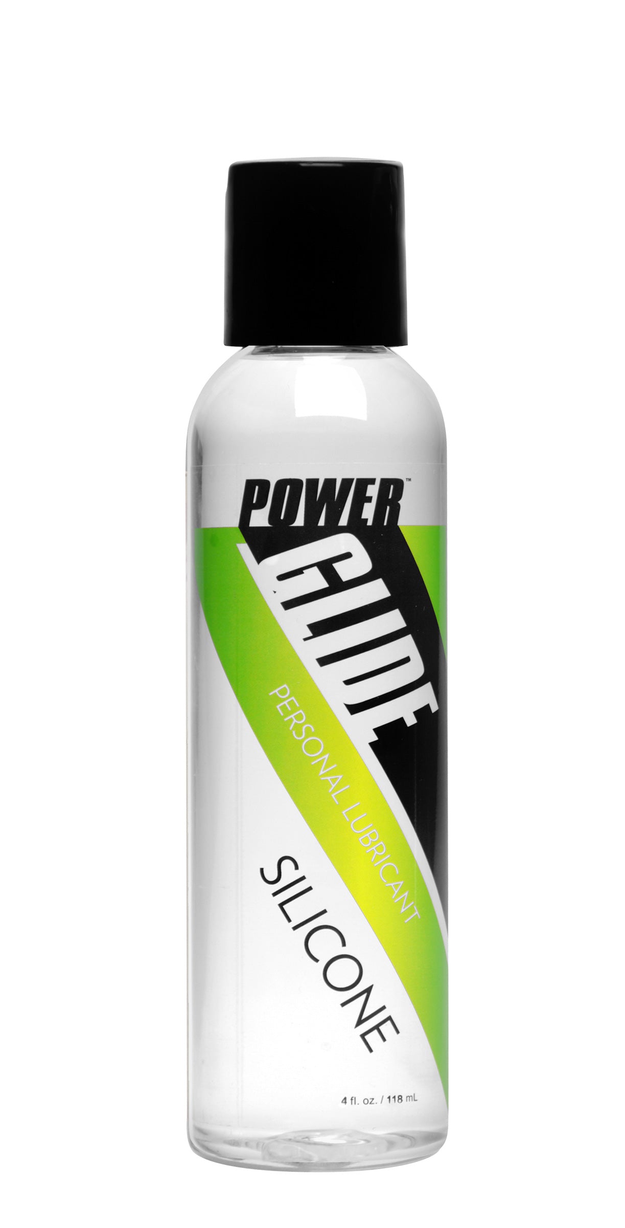 Power Glide Silicone Based Personal Lubricant in a 4 oz bottle, clear liquid with a smooth texture, designed for enhanced intimacy.