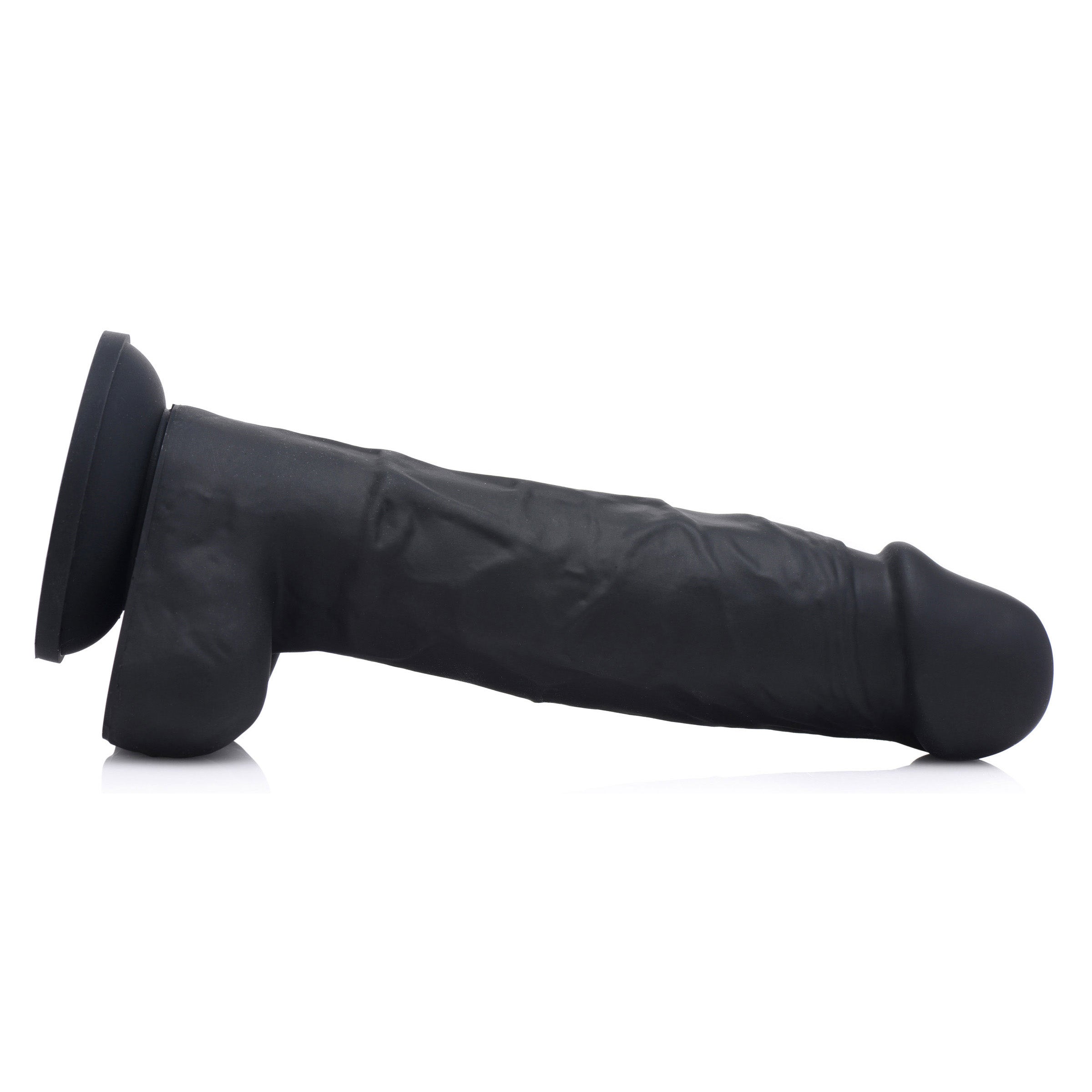 Power Pecker 7 Inch Silicone Dildo in black, featuring realistic veins, defined head, and balls, designed for strap-on compatibility.