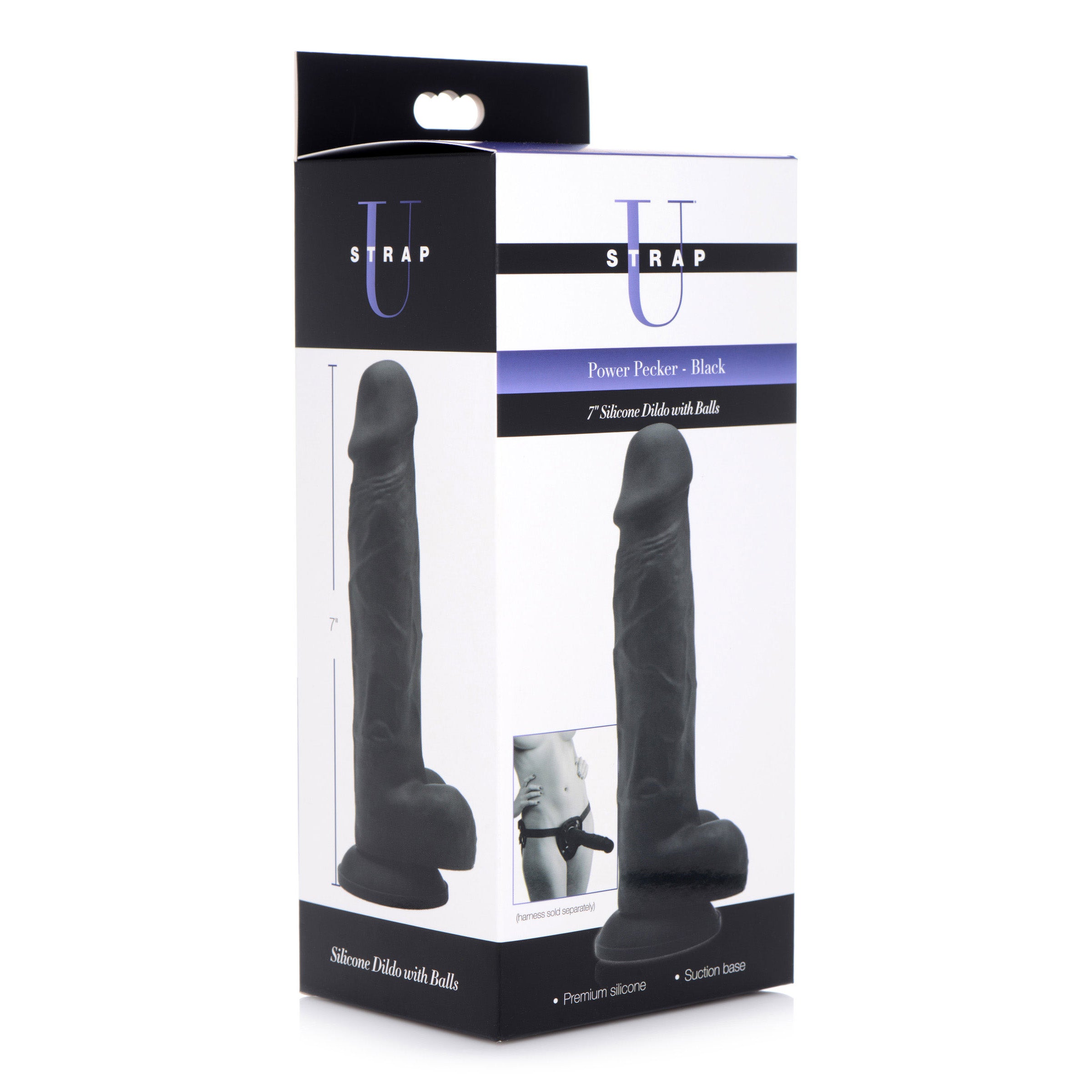 Power Pecker 7 Inch Silicone Dildo in black, featuring realistic veins, defined head, and balls, designed for strap-on compatibility.