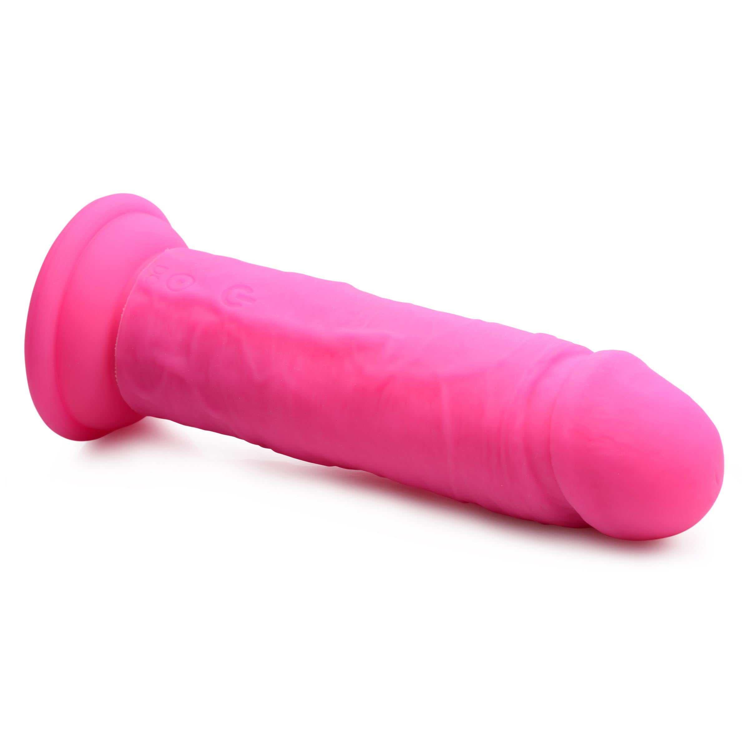 Power Player 28X Vibrating Silicone Dildo in pink with remote control, showcasing its realistic design and suction cup base.