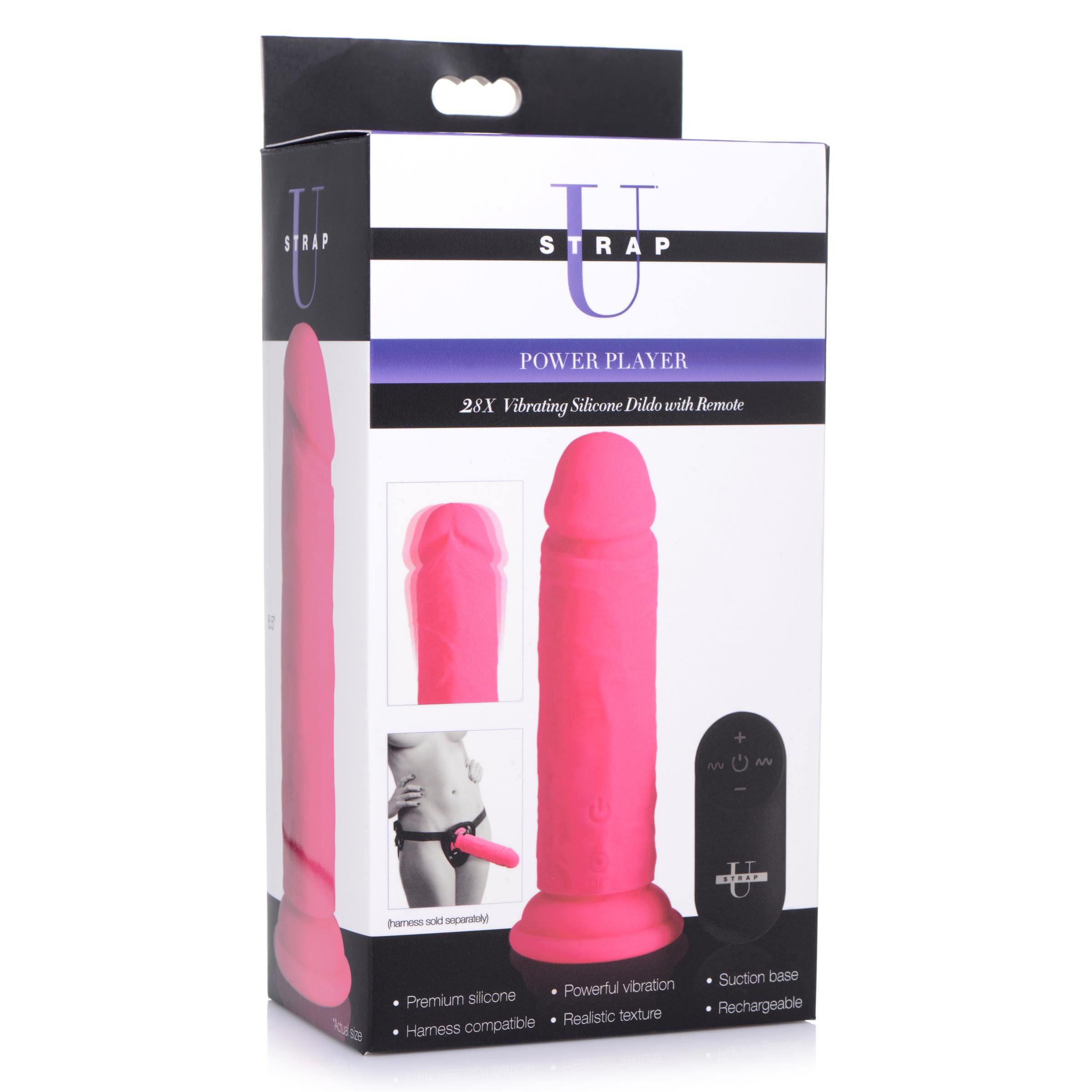 Power Player 28X Vibrating Silicone Dildo in pink with remote control, showcasing its realistic design and suction cup base.