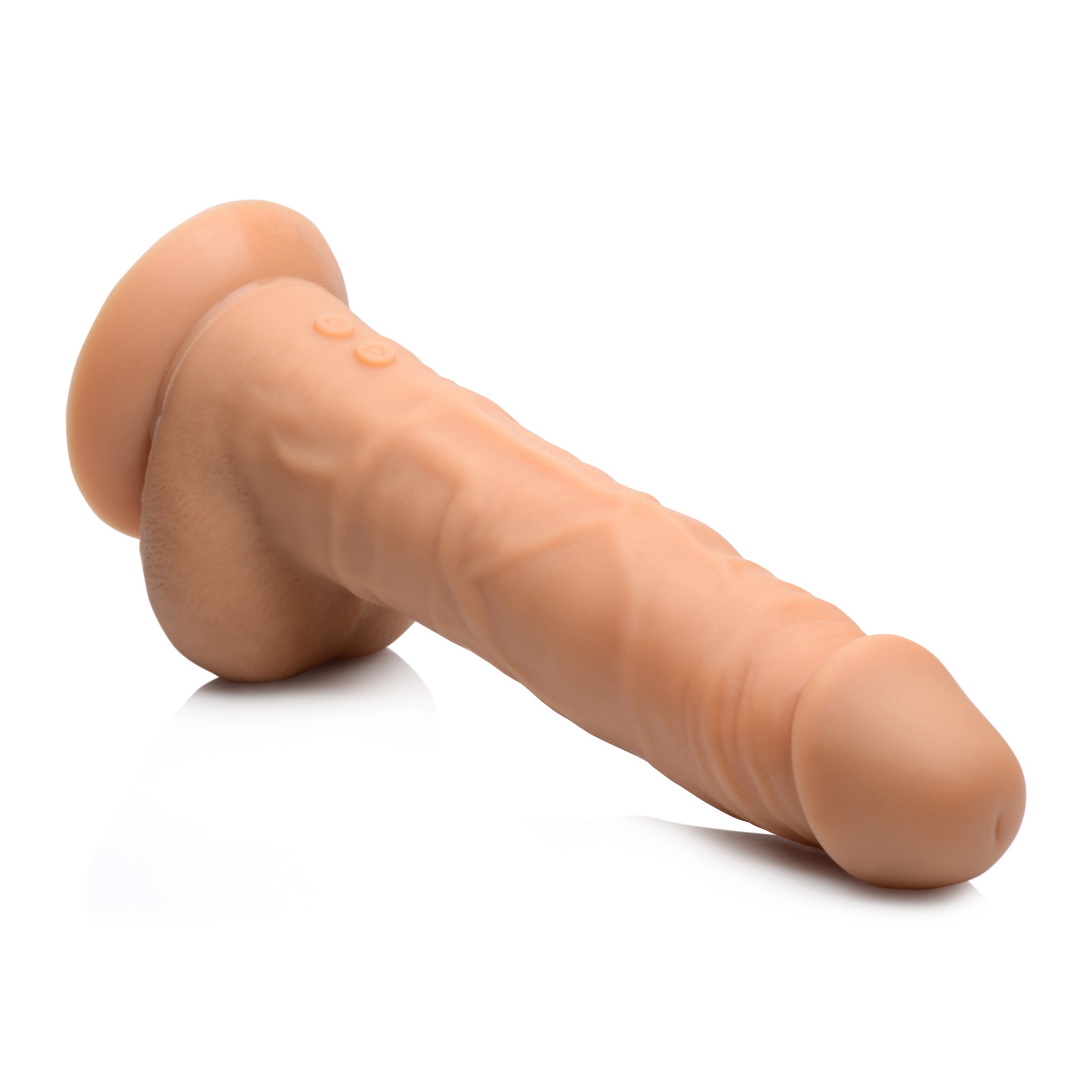 Power Pounder Realistic Thrusting Silicone Dildo with realistic veins and phallic head, featuring a sturdy suction cup base.