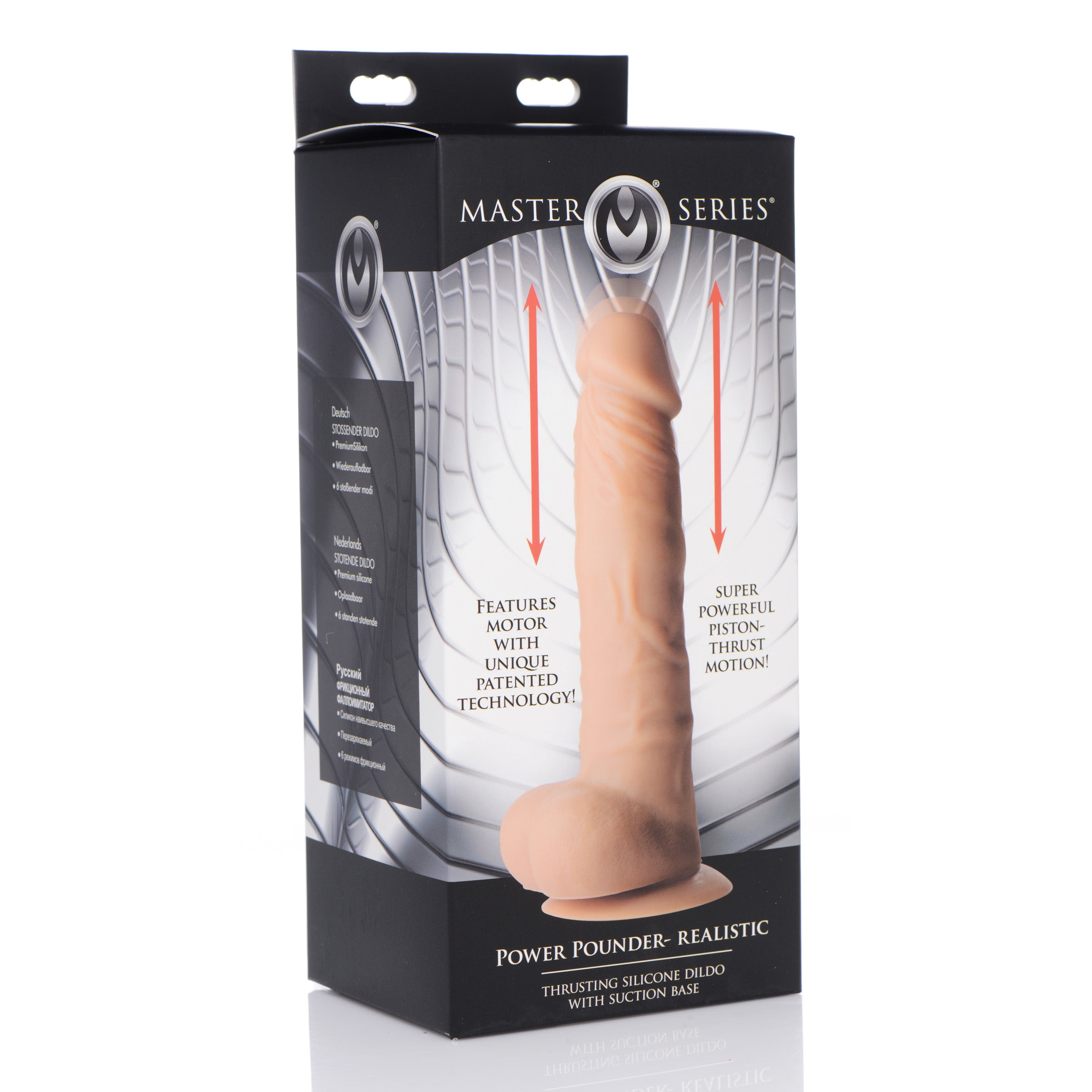 Power Pounder Realistic Thrusting Silicone Dildo with realistic veins and phallic head, featuring a sturdy suction cup base.