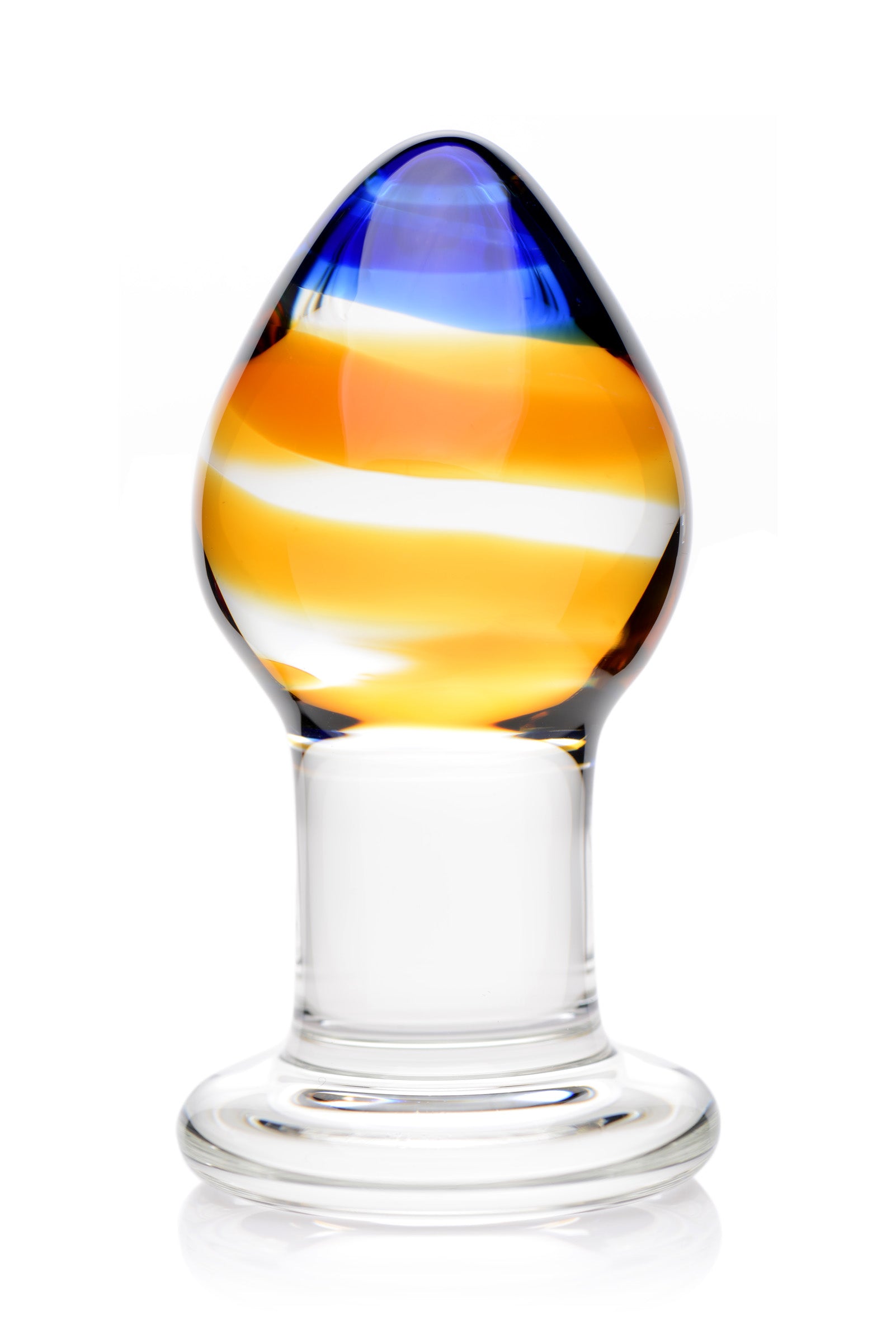 Pranava Anal Plug made of Borosilicate glass, featuring a tapered end, flared base, and available in Blue, Amber, and Clear colors.