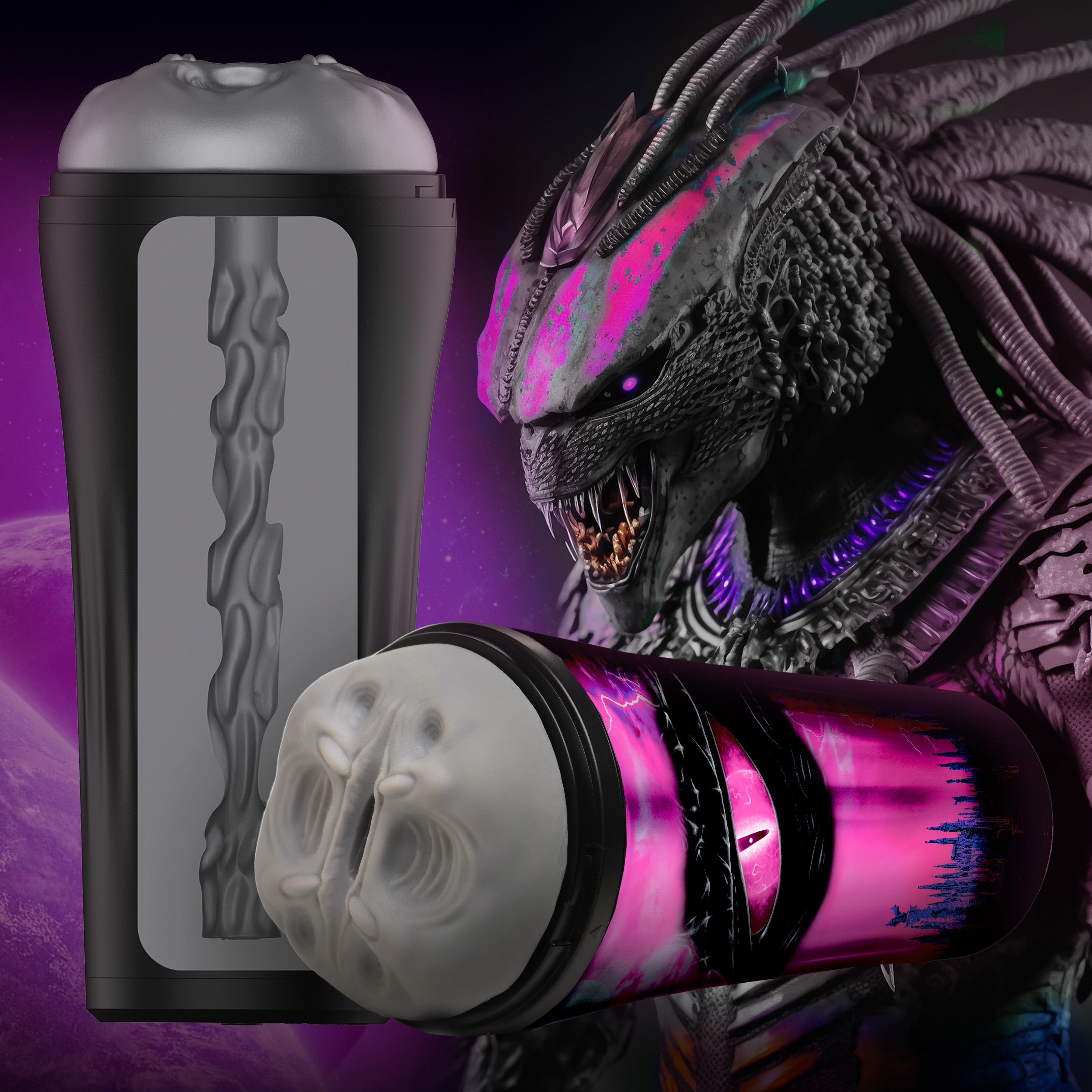 Predator Creature Stroker in soft gray with textured dimples and alien slit design, showcasing its unique fantasy-inspired features.